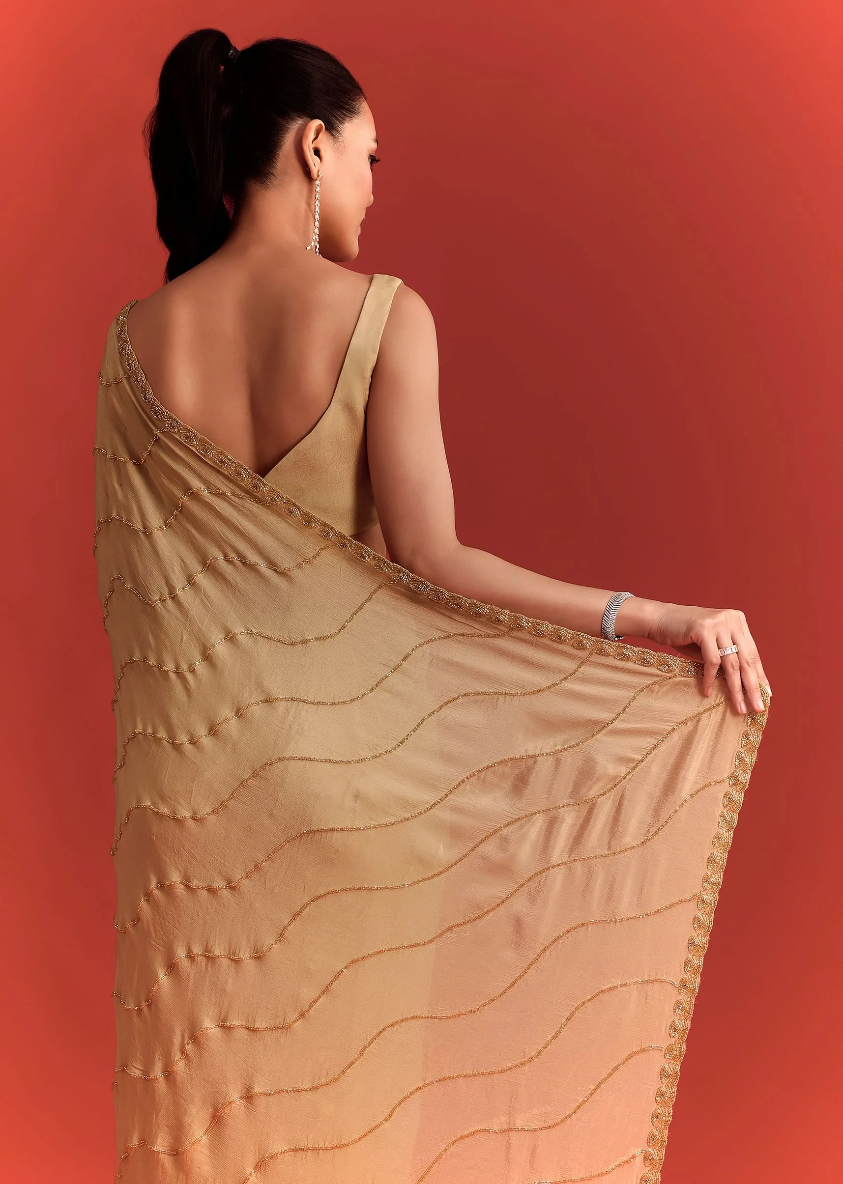 Off White Saree In Chinnon With Cutdana Work - Image 3