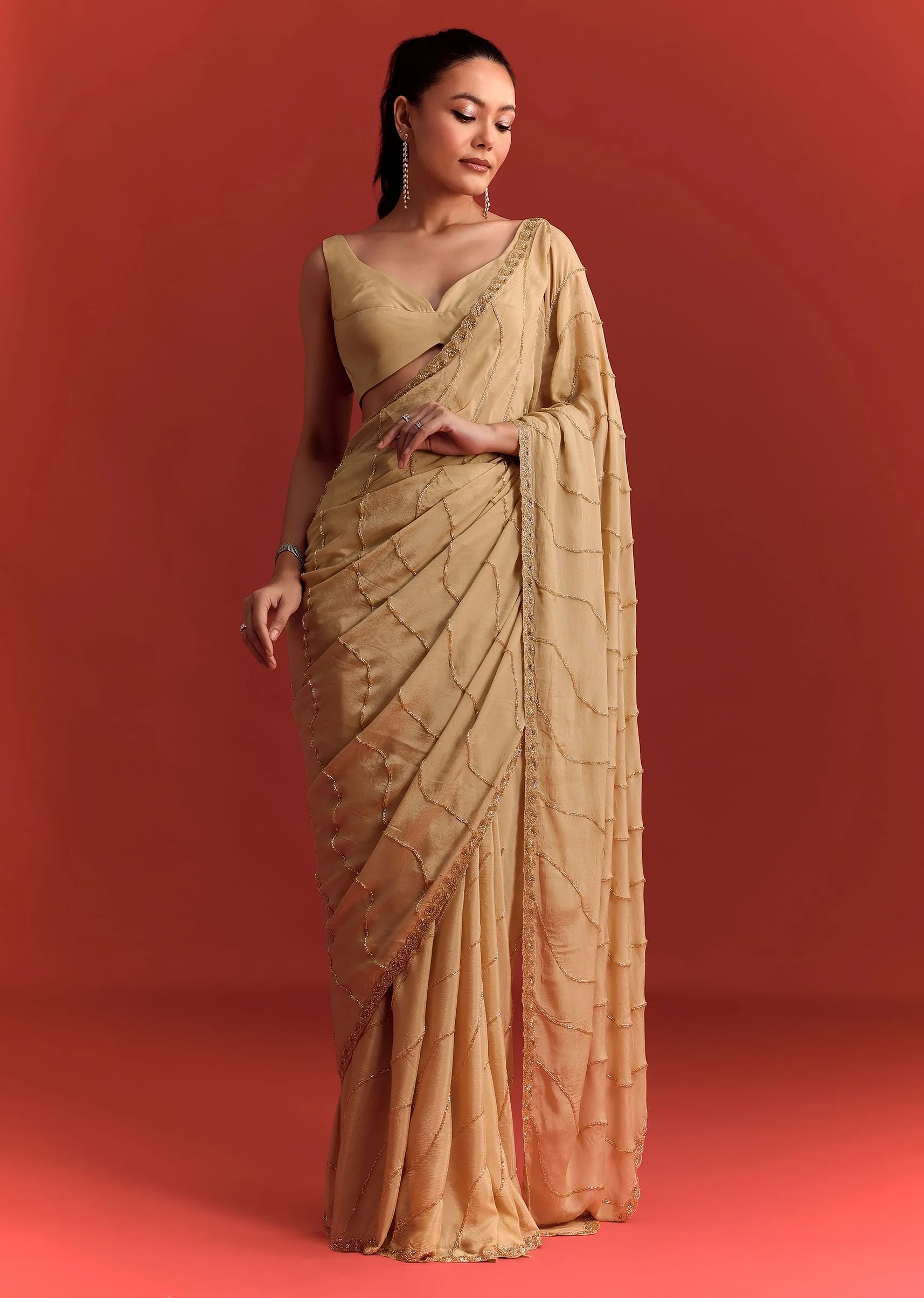 Off White Saree In Chinnon With Cutdana Work - Image 4