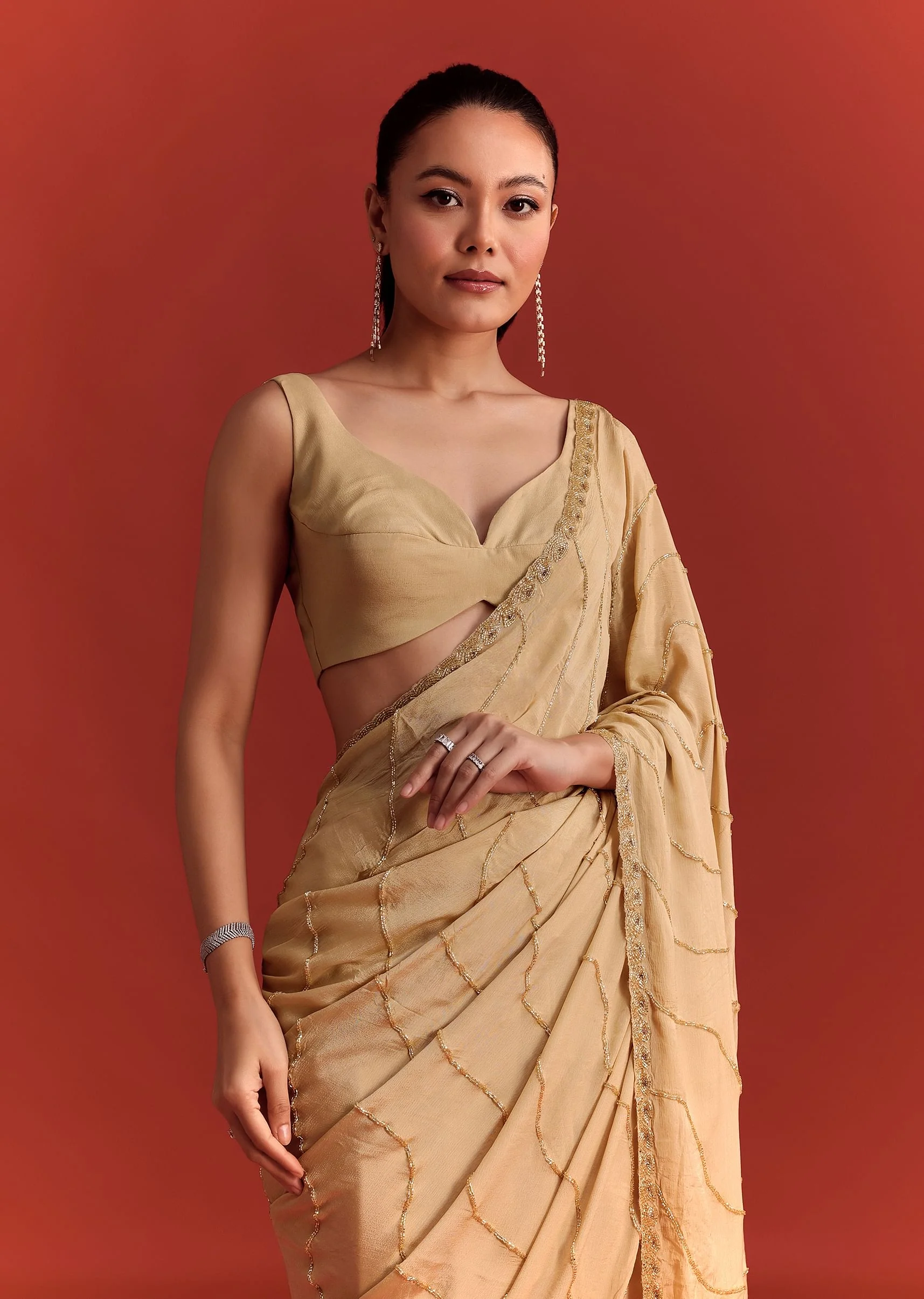 Off White Saree In Chinnon With Cutdana Work - Image 5