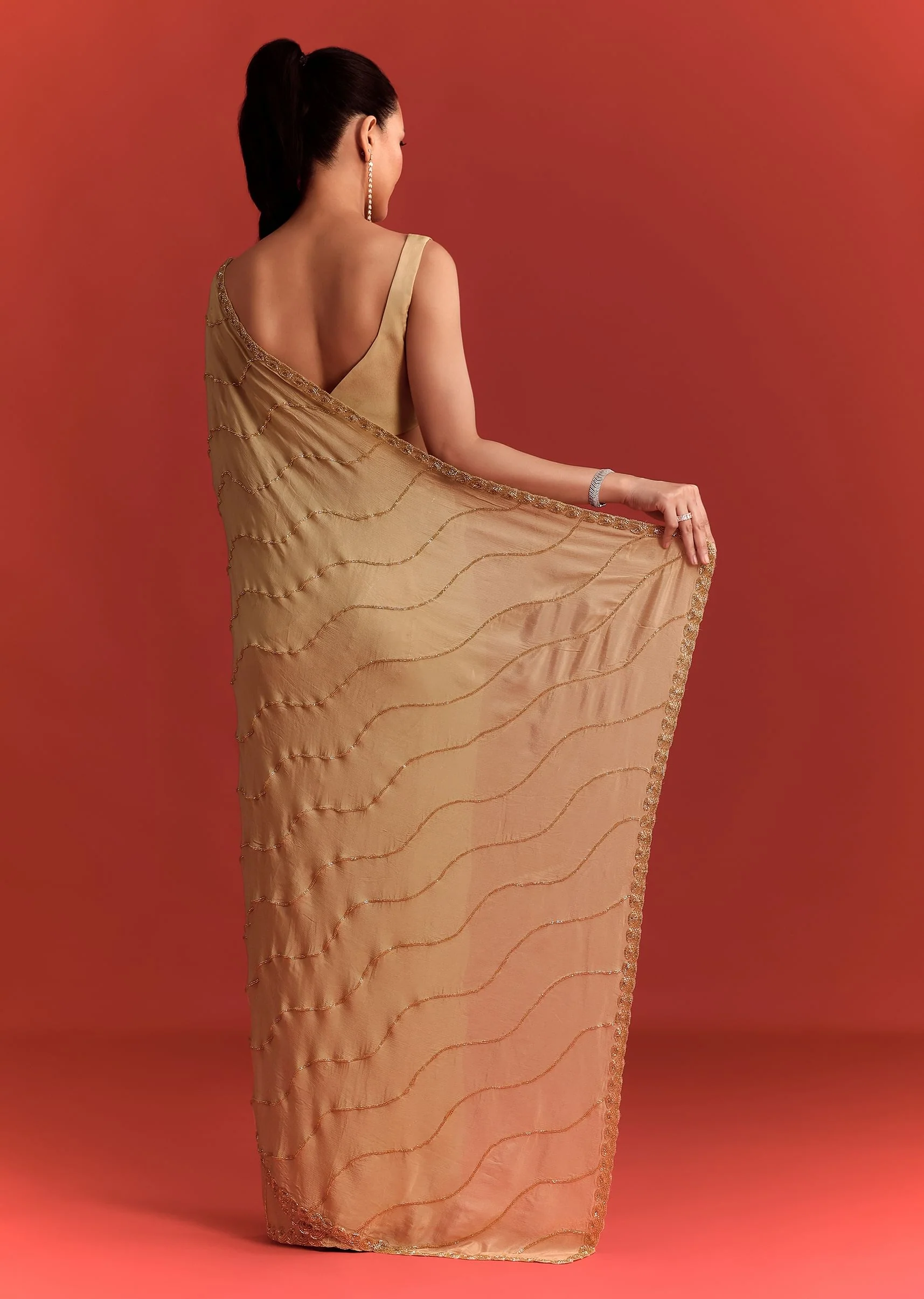 Off White Saree In Chinnon With Cutdana Work - Image 6