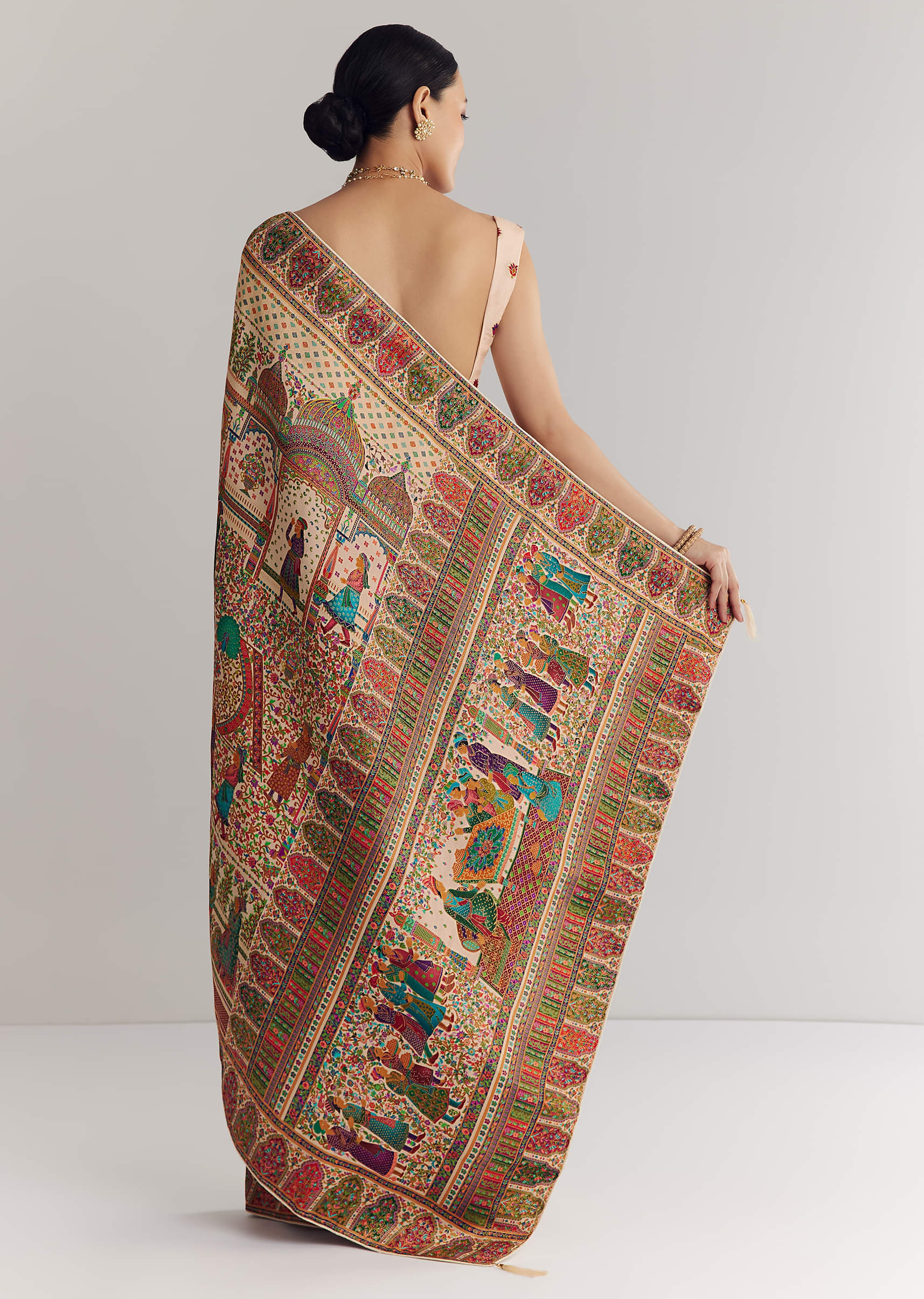 Off White Saree In Natural Traditional Prints - Image 4