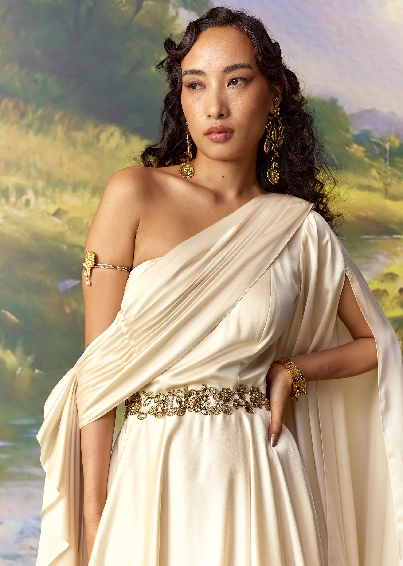 Off White Satin Off Shoulder Kaftan Gown with Belt - Image 3