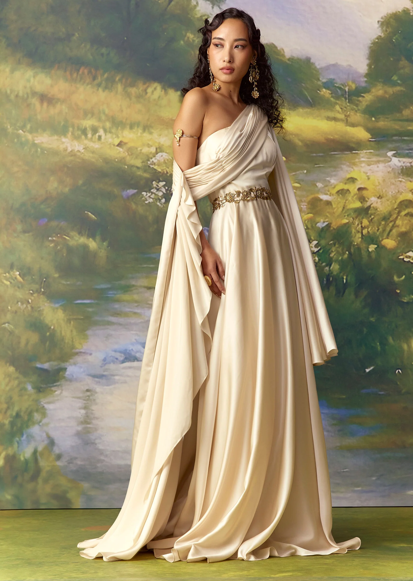 Off White Satin Off Shoulder Kaftan Gown with Belt - Image 4