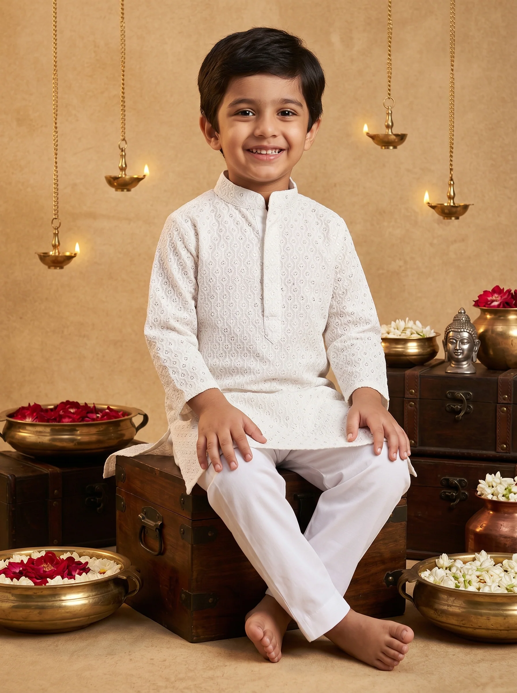 Off White Sequin And Thread Work Kurta Set - Image 2