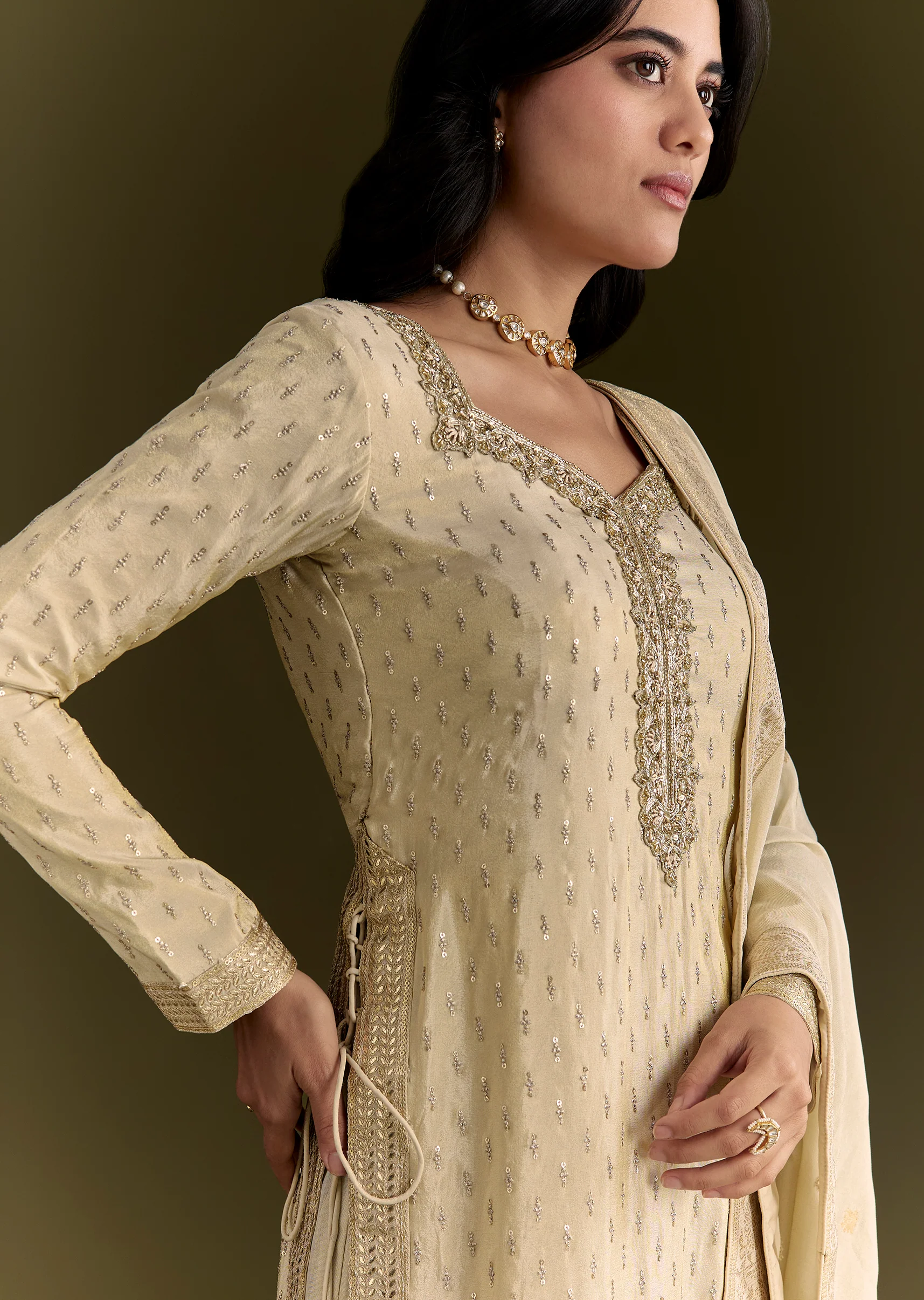 Off White Sequin Zardosi Kurta With Zari Badla Work Border Dupatta - Image 2
