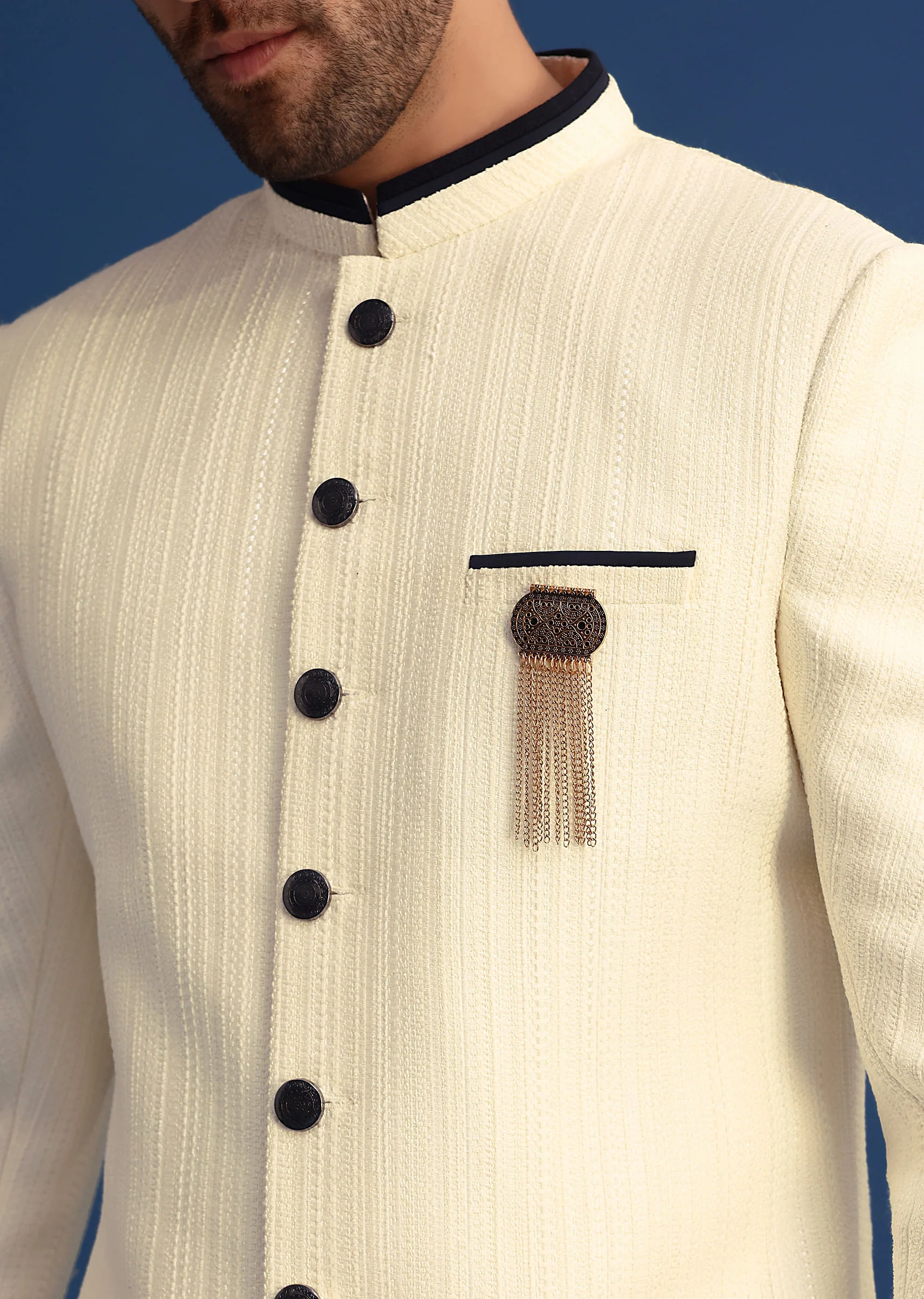 Off White Silk Blend Jodhpuri Set with Textured Detail - Image 2