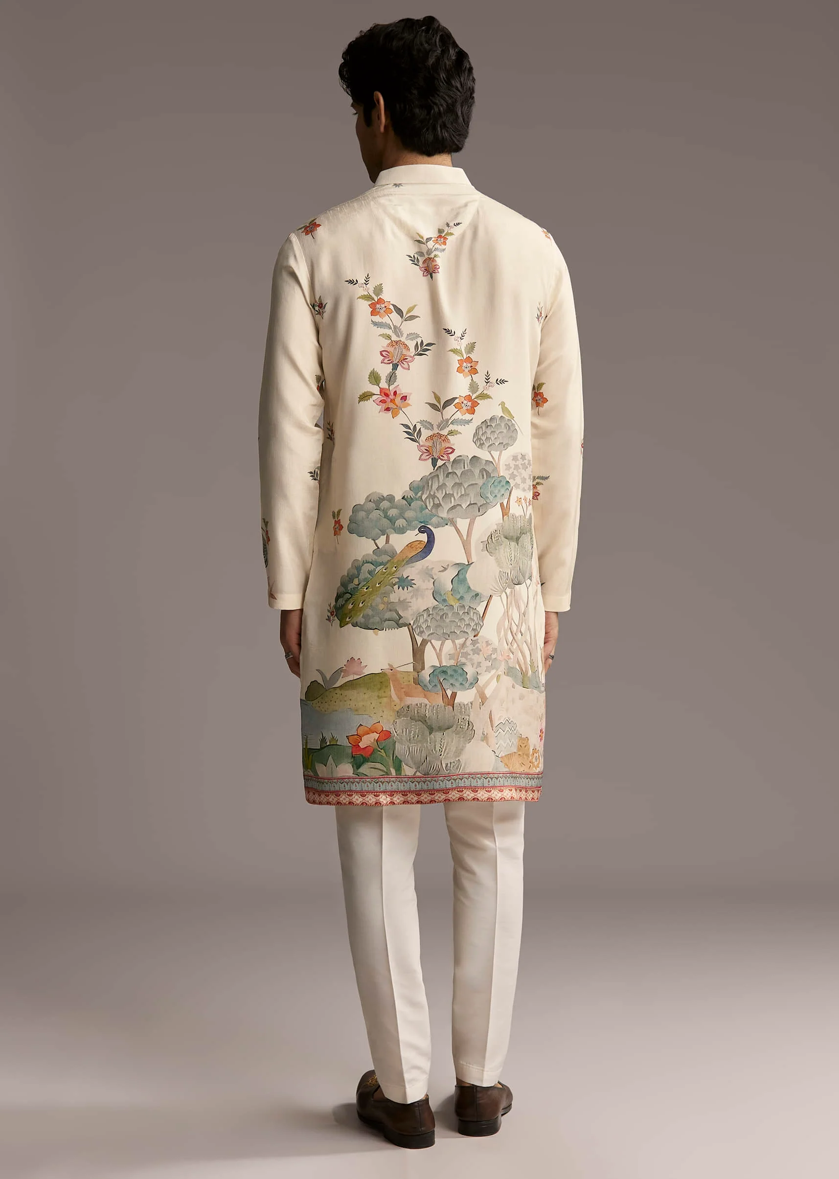 Off White Silk Kurta Set For Men With Scenic Nature Inspired Print - Image 5