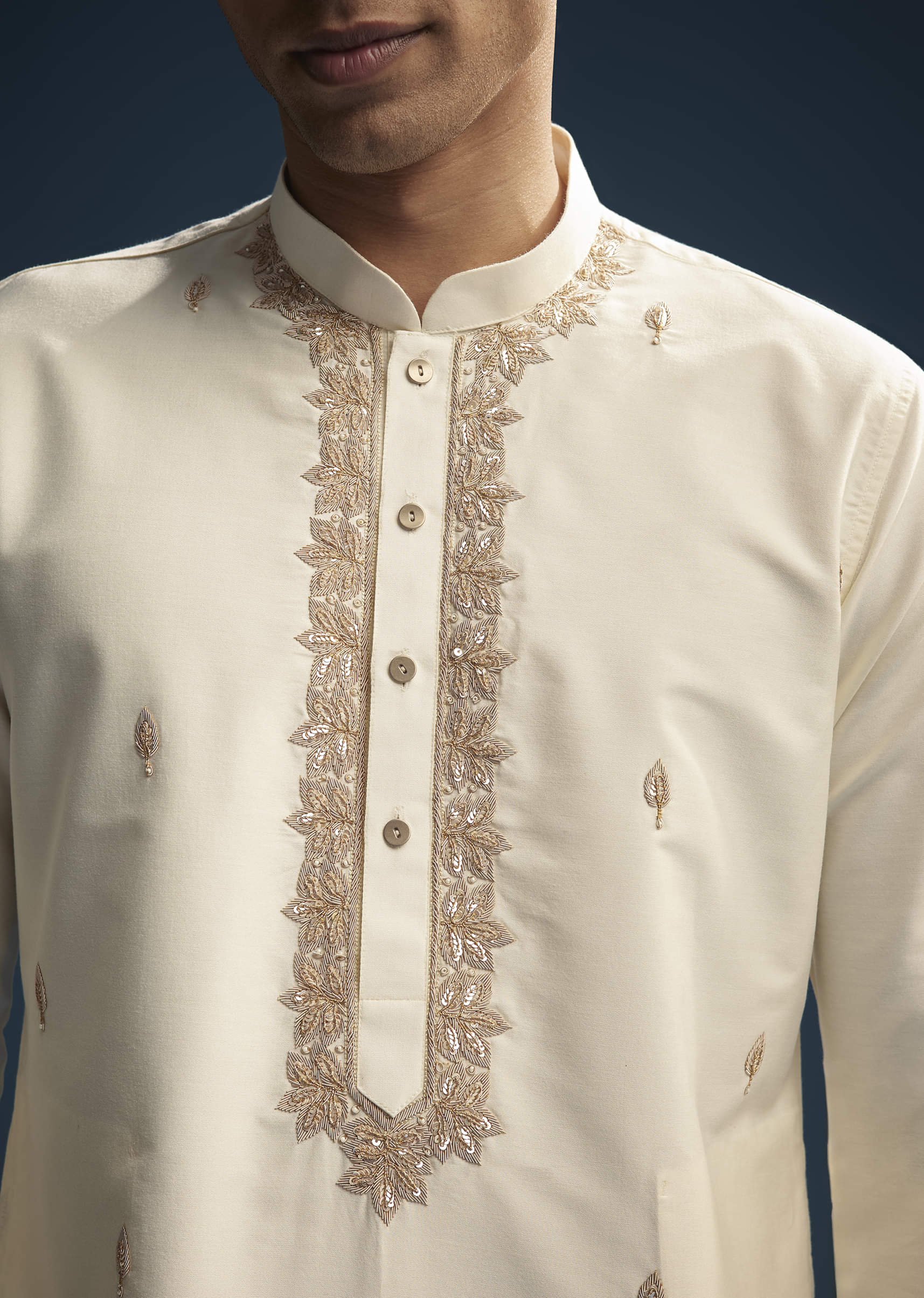 Off White Silk Kurta Set For Men With Zardosi And Aari Work - Image 2
