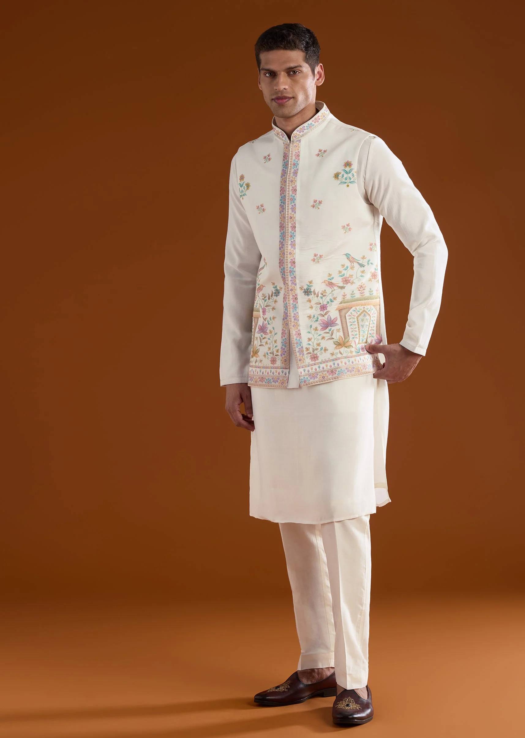 Off White Silk Mens Kurta Jacket Set With Thread And Motif Work - Image 3