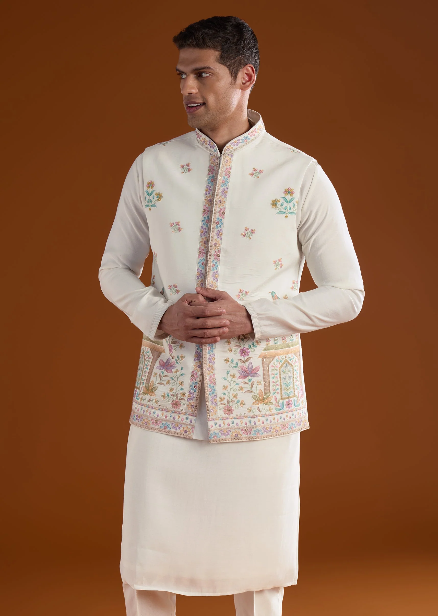 Off White Silk Mens Kurta Jacket Set With Thread And Motif Work - Image 4