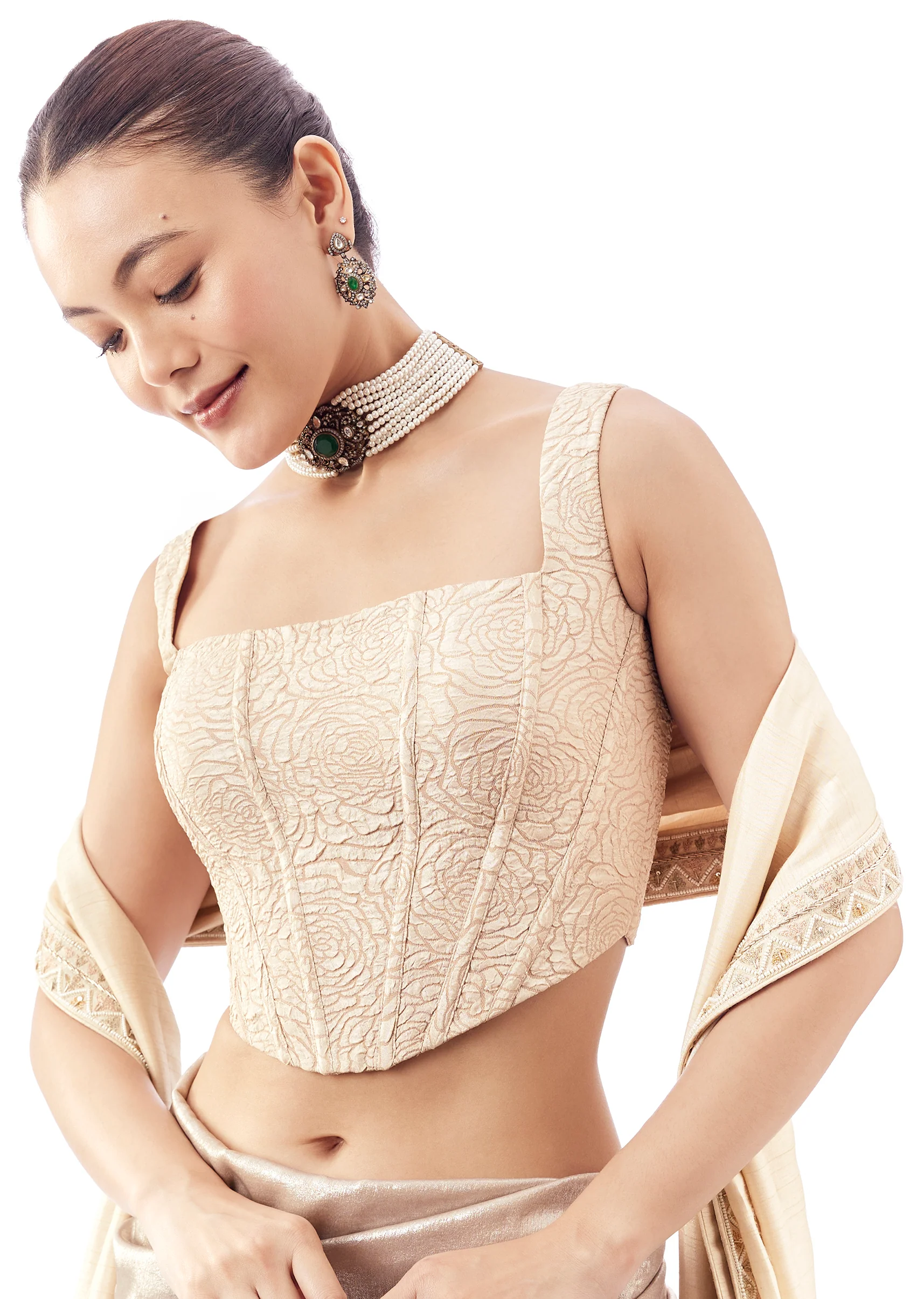 Off White Square Neck Blouse With Adjustable Back Tie Ups