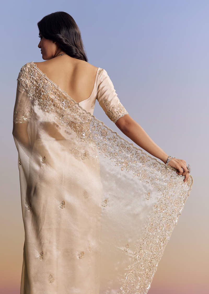 Off White Tissue Saree With Cutdana Floral Embroidery - Image 4