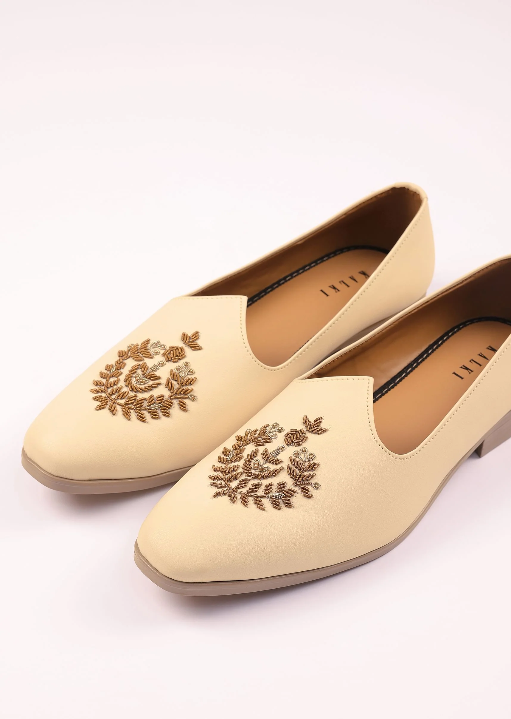 Off White Vegan Leather Jutti With Zardosi Work - Image 2
