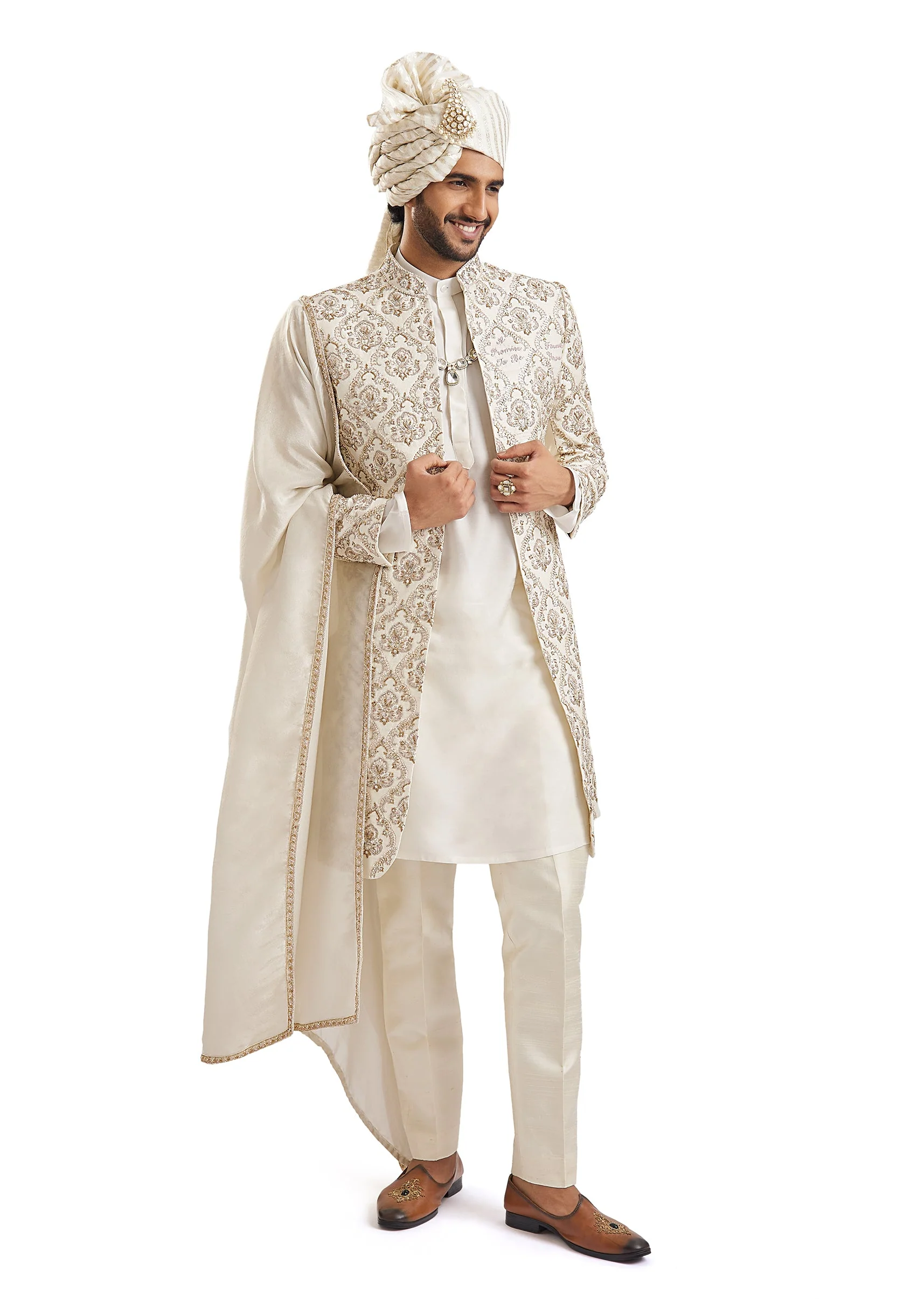 Off White Zardosi Wedding Sherwani - Image 3