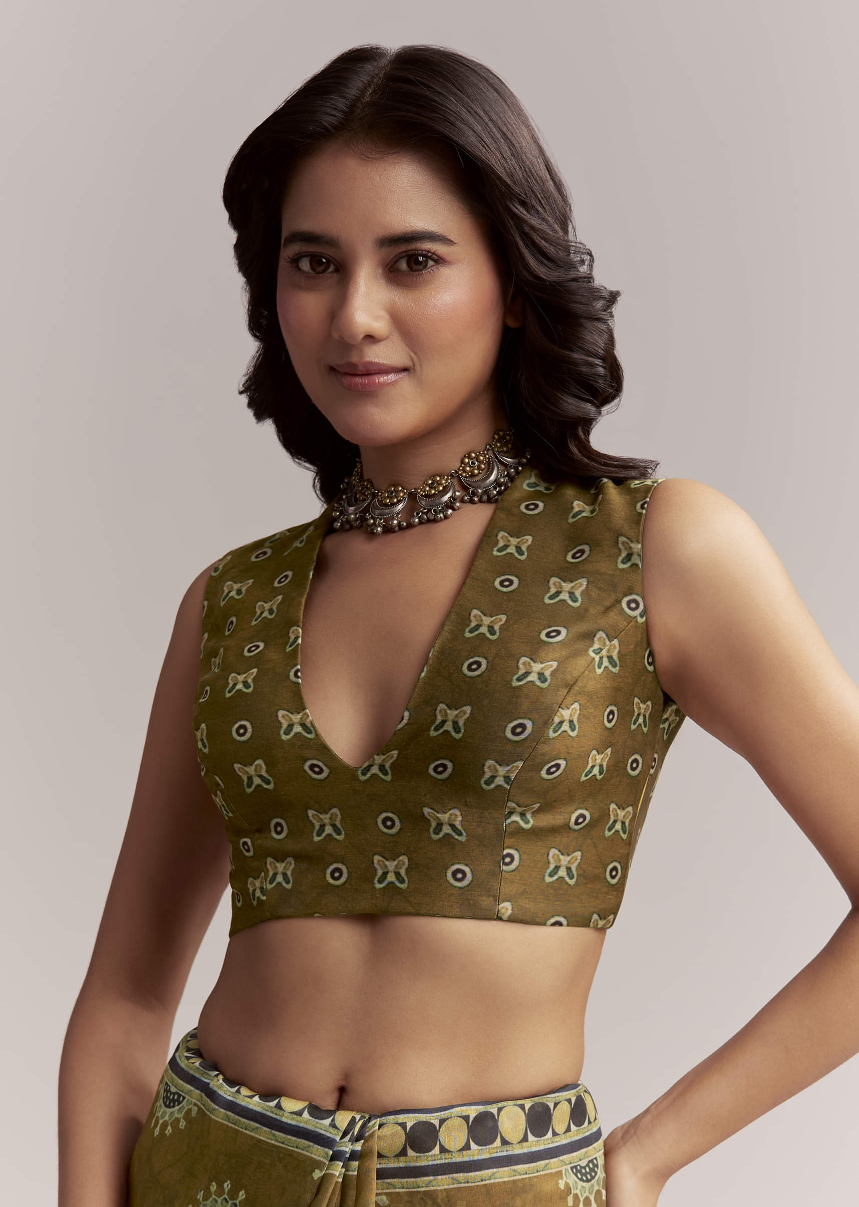 Olive Brown Linen Printed Saree With Handcrafted Ajrakh Print - Image 7