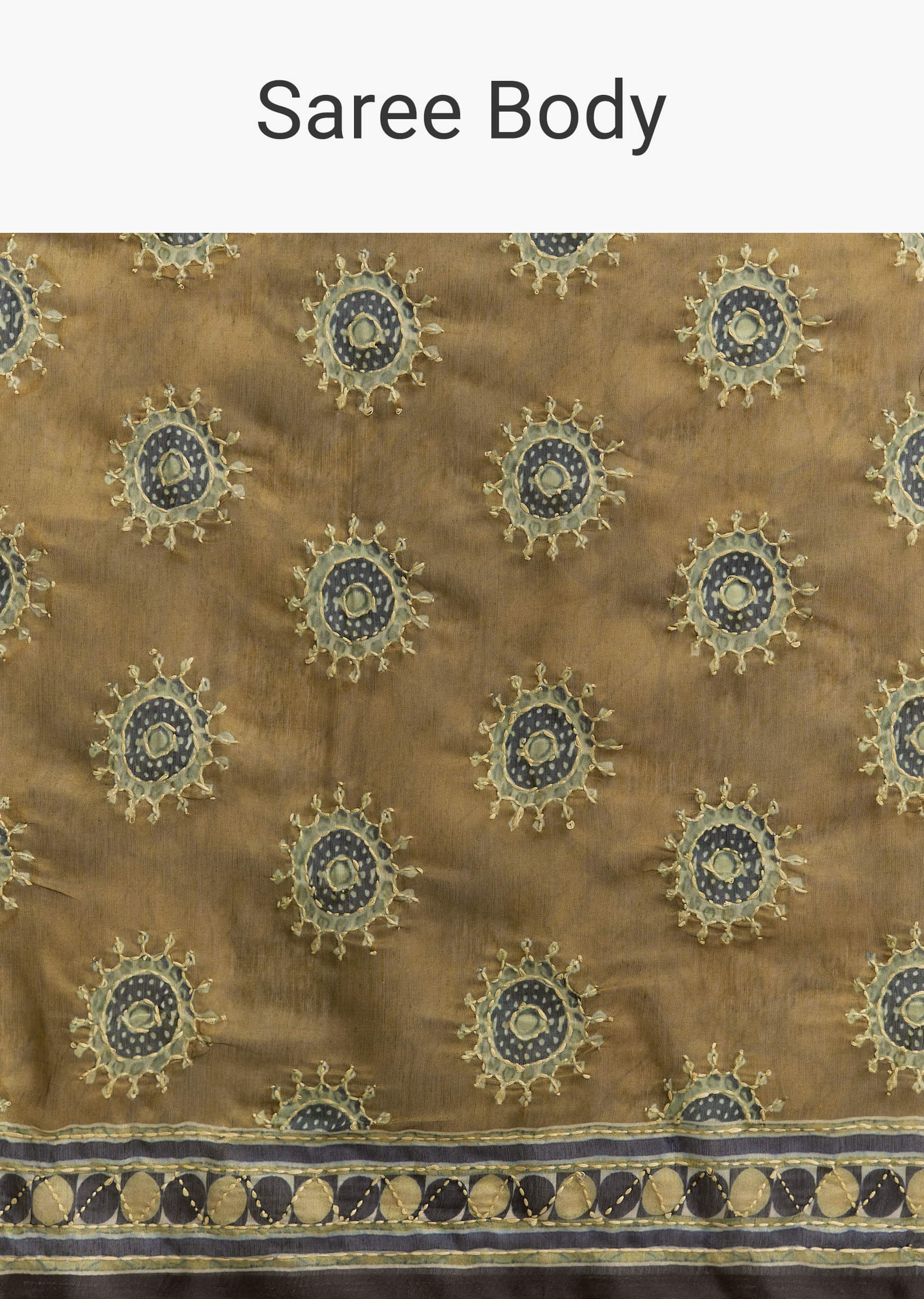 Olive Brown Linen Printed Saree With Handcrafted Ajrakh Print - Image 9