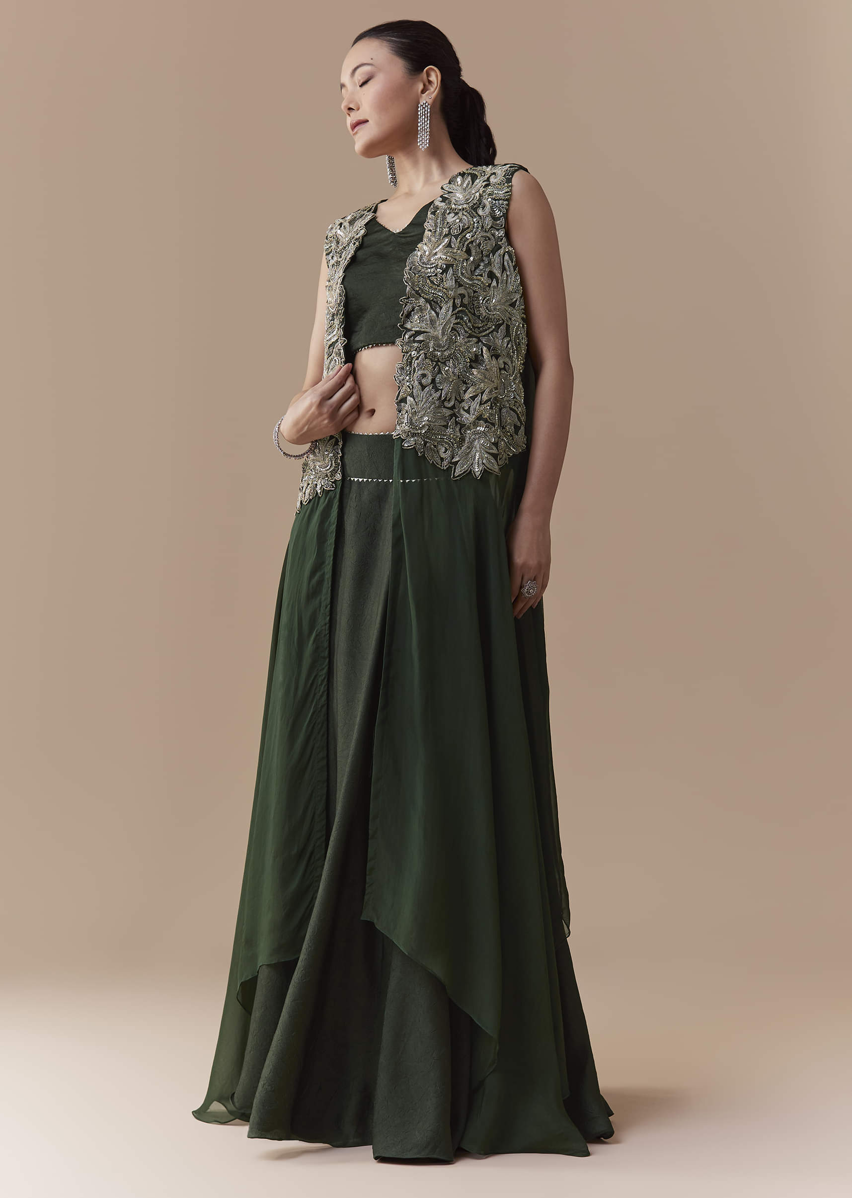 Olive Crop Top Silk Skirt Set with Sequin Jacket - Image 3
