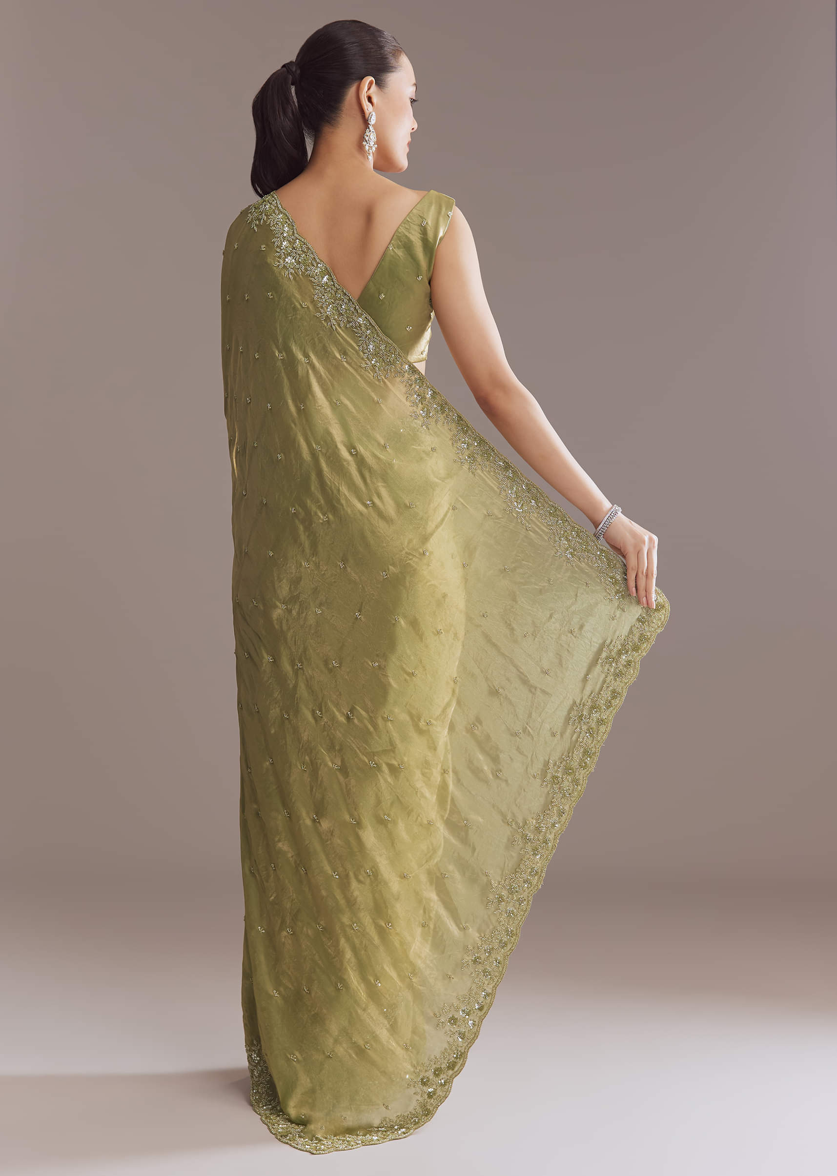 Olive Green Chinon Saree With Bead And Sequin Embroidery - Image 3