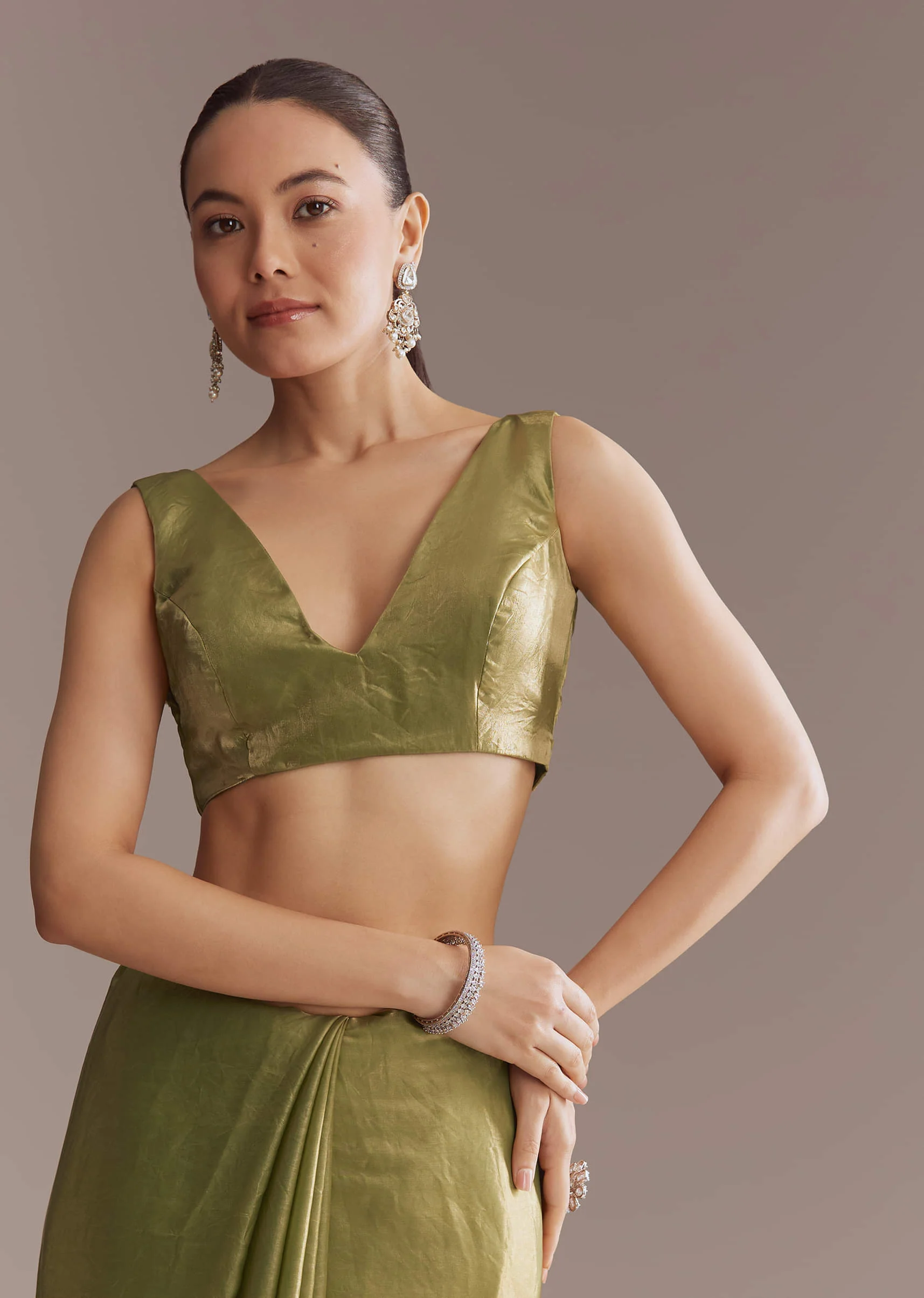 Olive Green Chinon Saree With Bead And Sequin Embroidery - Image 6