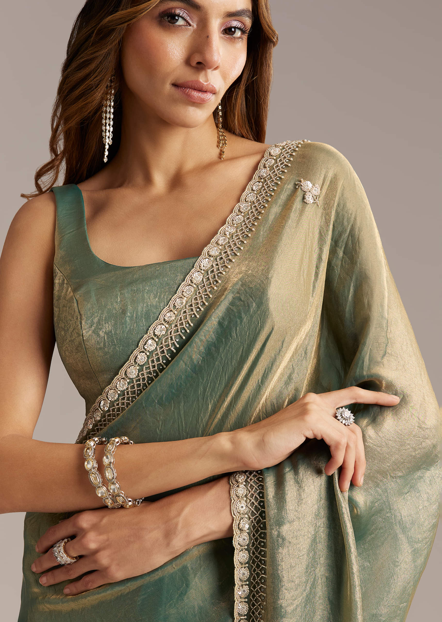 Olive Green Chinon Saree With Velvet Touch And Sequin Work - Image 3