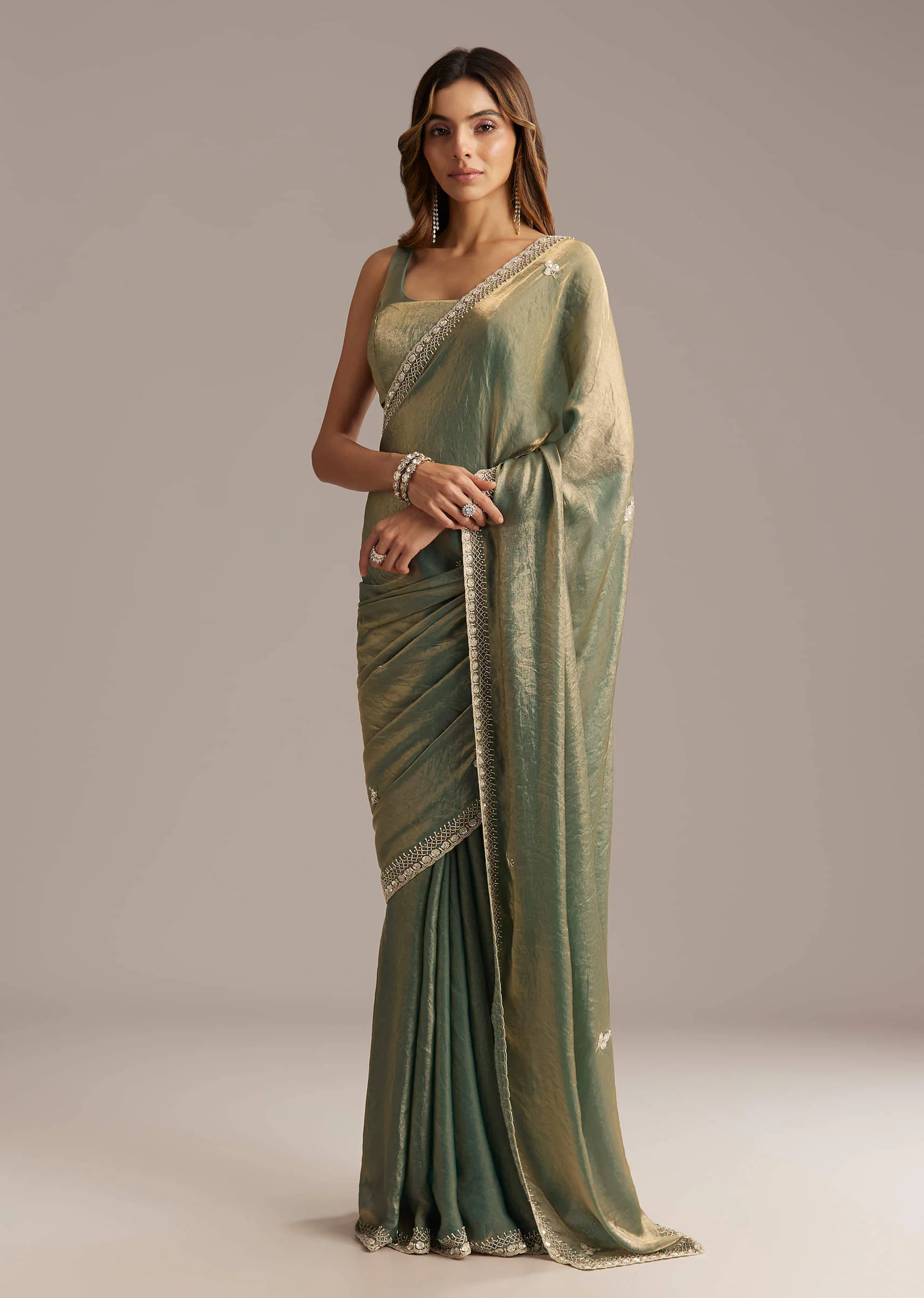 Olive Green Chinon Saree With Velvet Touch And Sequin Work - Image 4