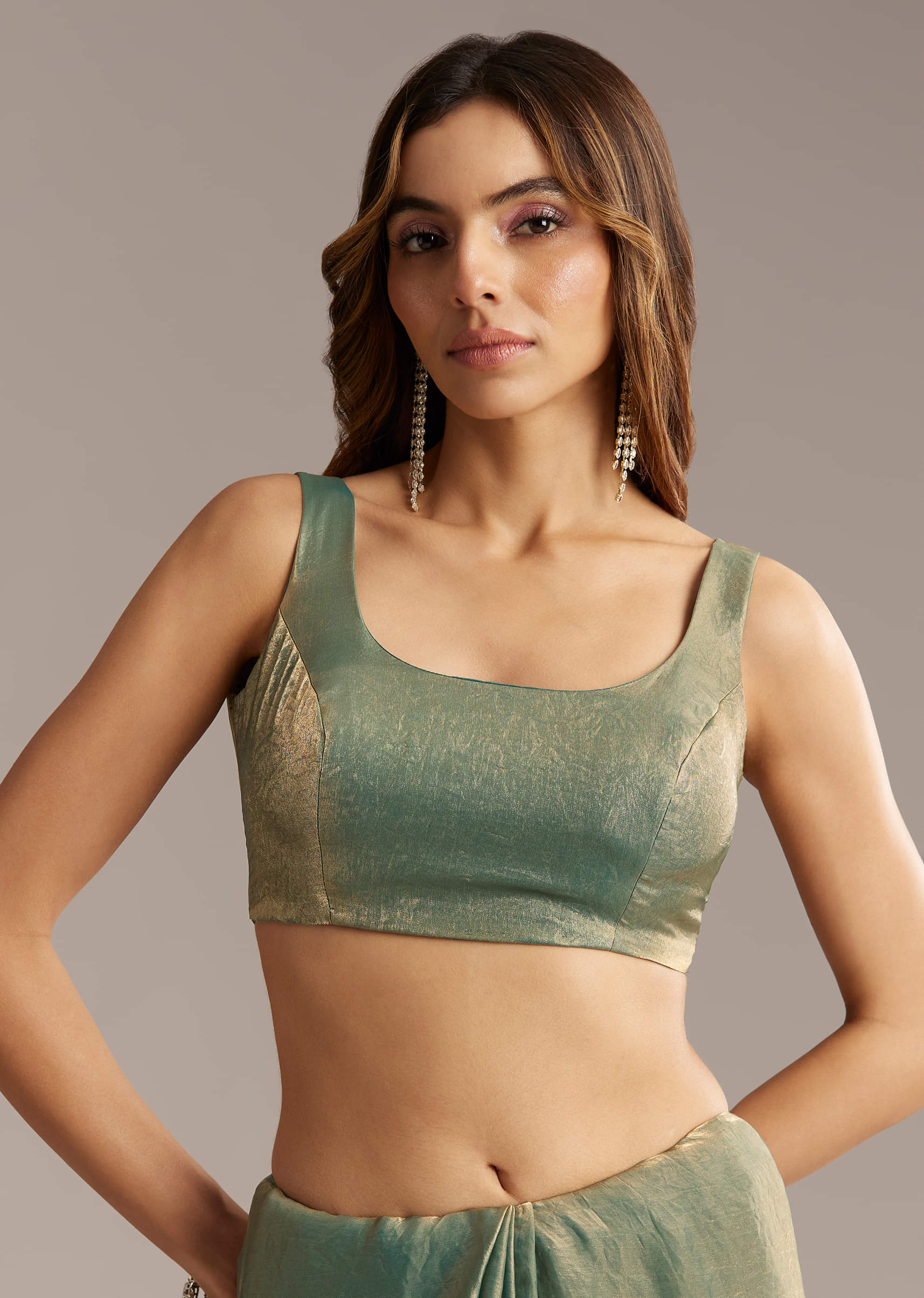 Olive Green Chinon Saree With Velvet Touch And Sequin Work - Image 6