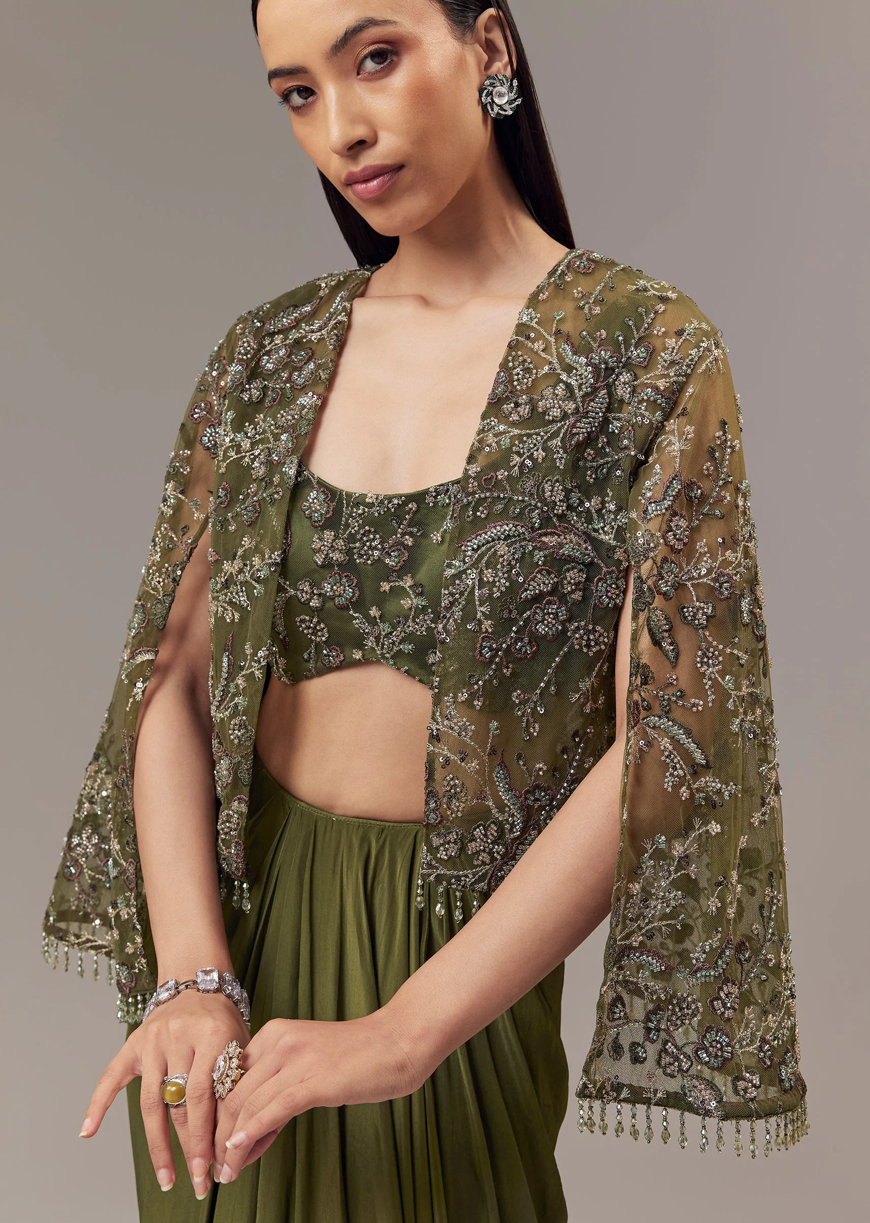 Olive Green Crepe Indo Western Crop Top And Draped Skirt Set With Cape - Image 3