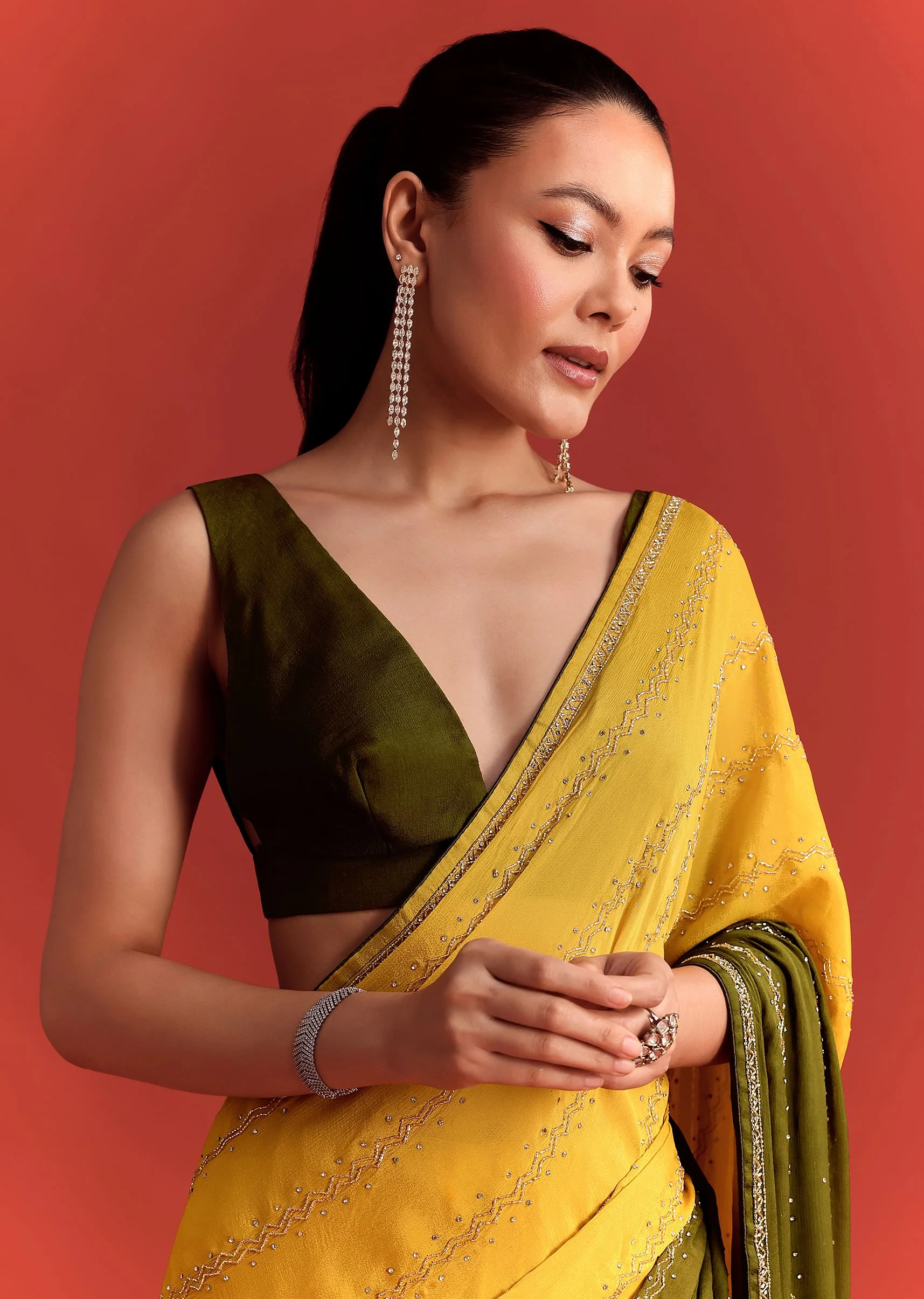 Olive Green Dual Shaded Chinon Saree With Cutdana Work - Image 2