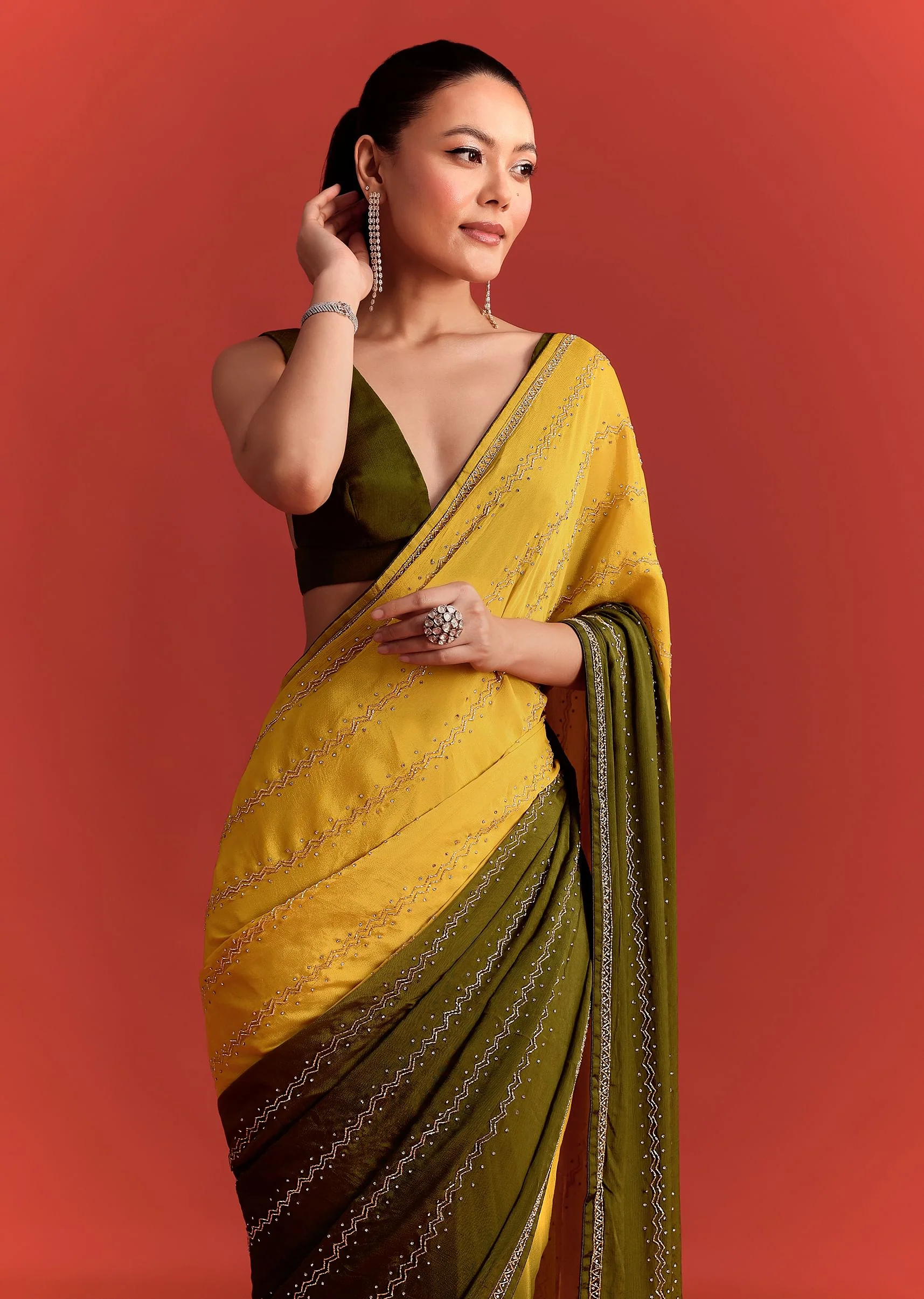 Olive Green Dual Shaded Chinon Saree With Cutdana Work - Image 5