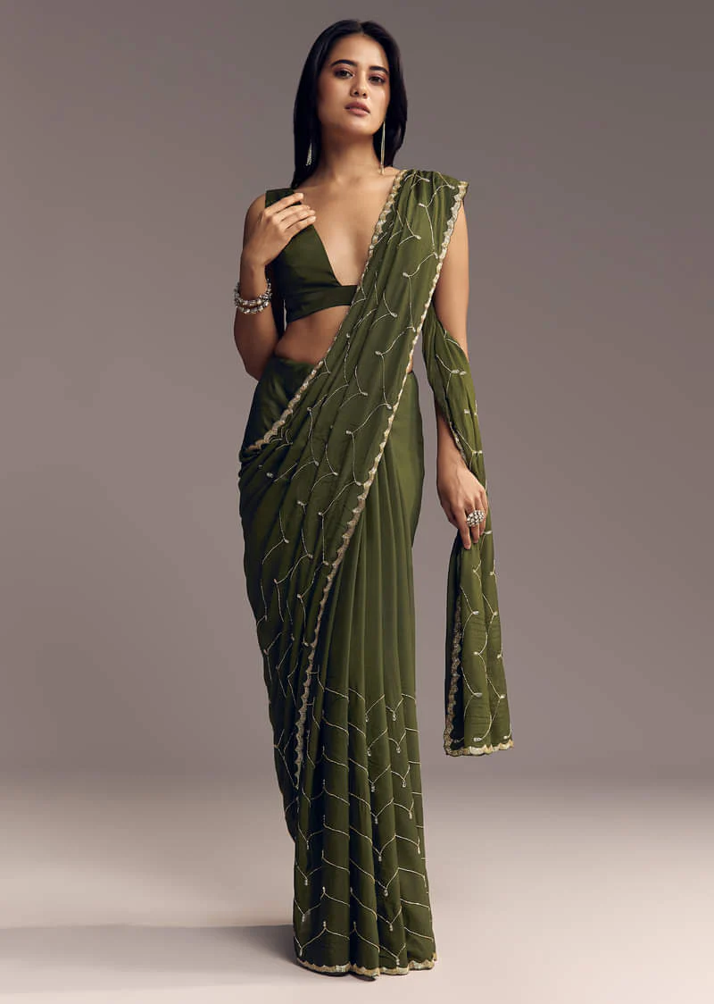 Olive Green Embroidered Chinon Saree With Scallop Border - Image 3