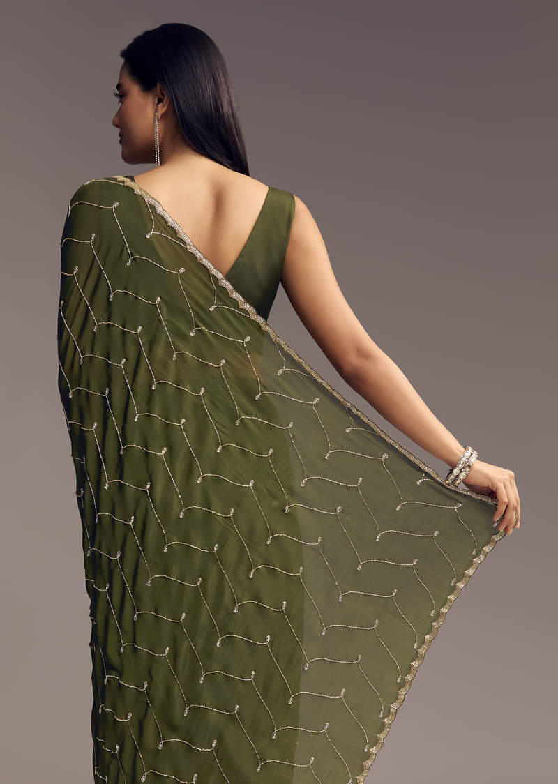Olive Green Embroidered Chinon Saree With Scallop Border - Image 4