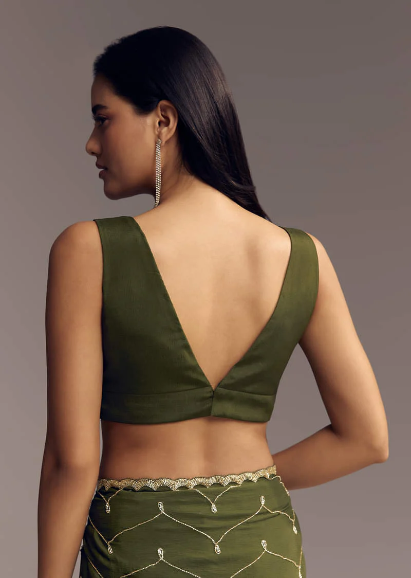 Olive Green Embroidered Chinon Saree With Scallop Border - Image 8