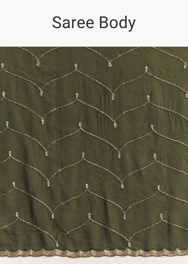 Olive Green Embroidered Chinon Saree With Scallop Border - Image 9