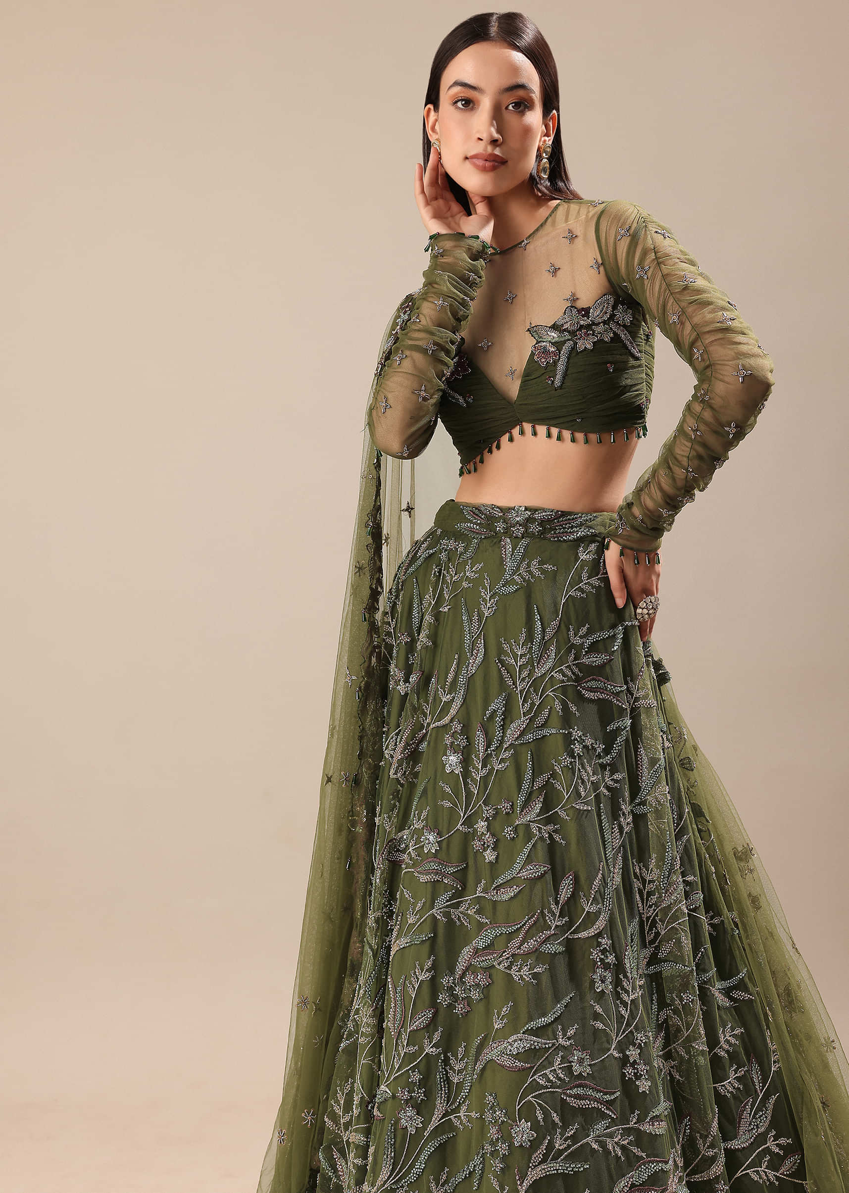 Olive Green Embroidered Lehenga And Blouse With Dupatta - Image 2