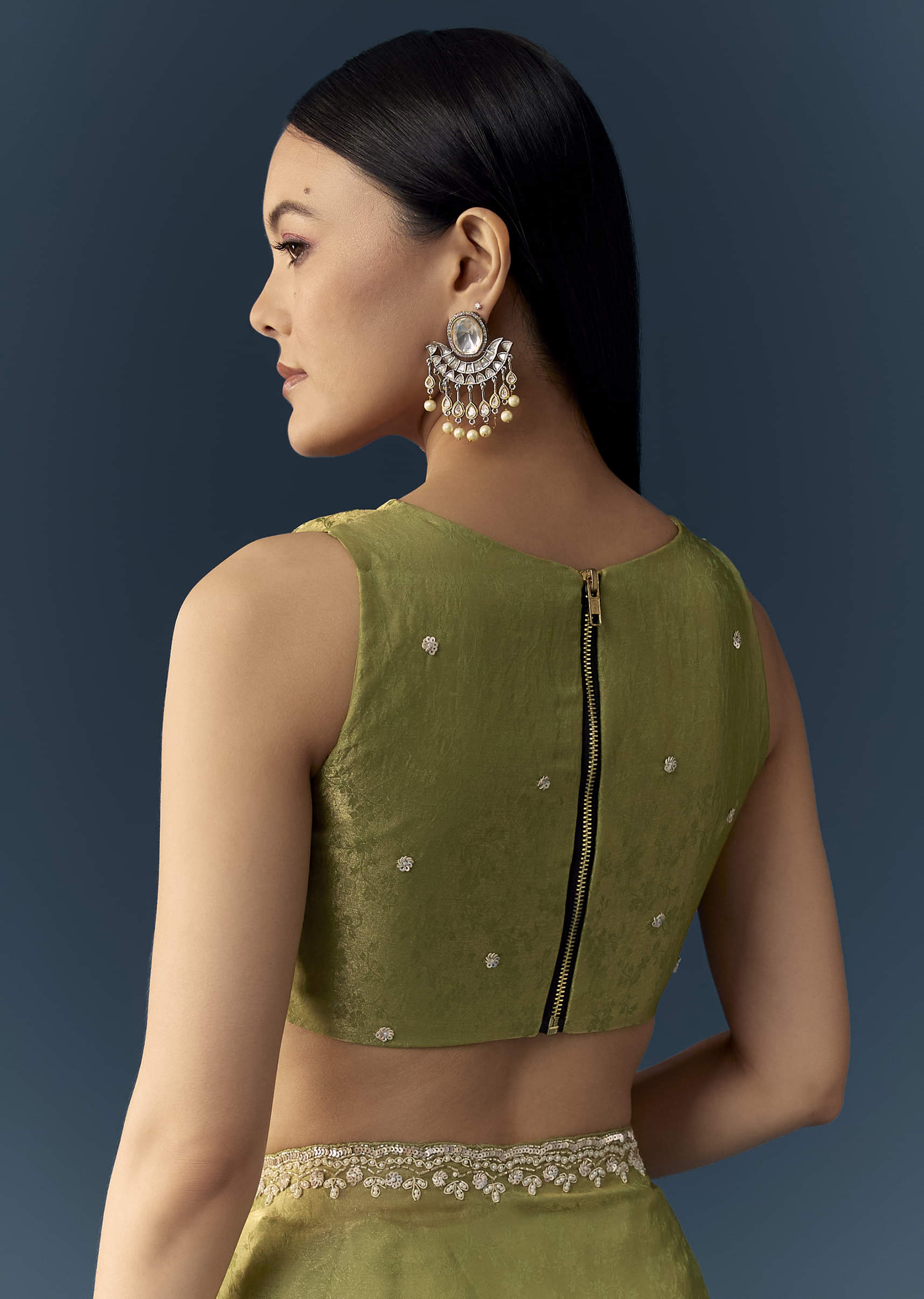 Olive Green Jacquard Printed Tissue Saree with Unstitched Blouse - Image 8