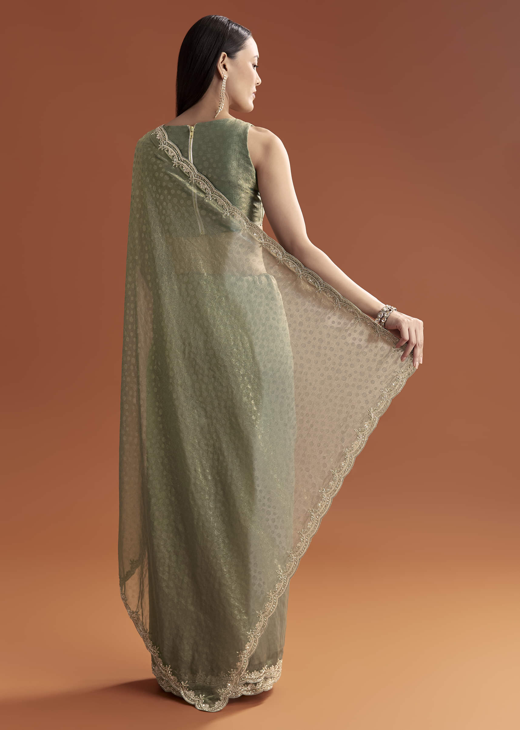 Olive Green Jacquard Saree With Stone And Sequin Embroidery - Image 2