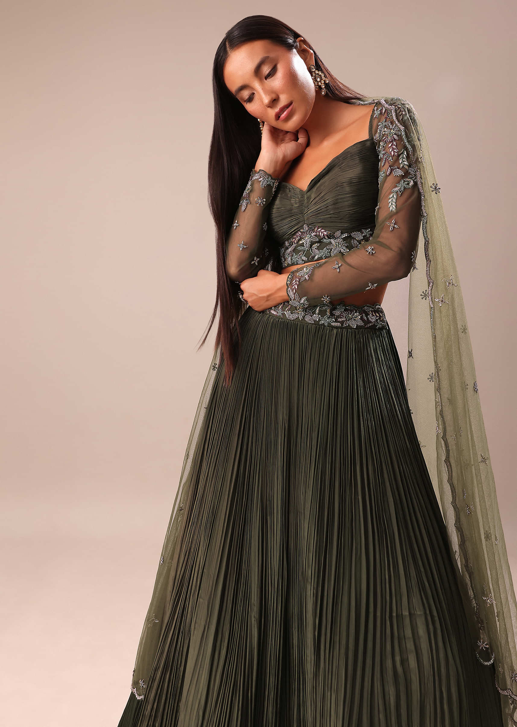 Olive Green Lehenga With Embroidered Blouse And Dupatta - Image 2