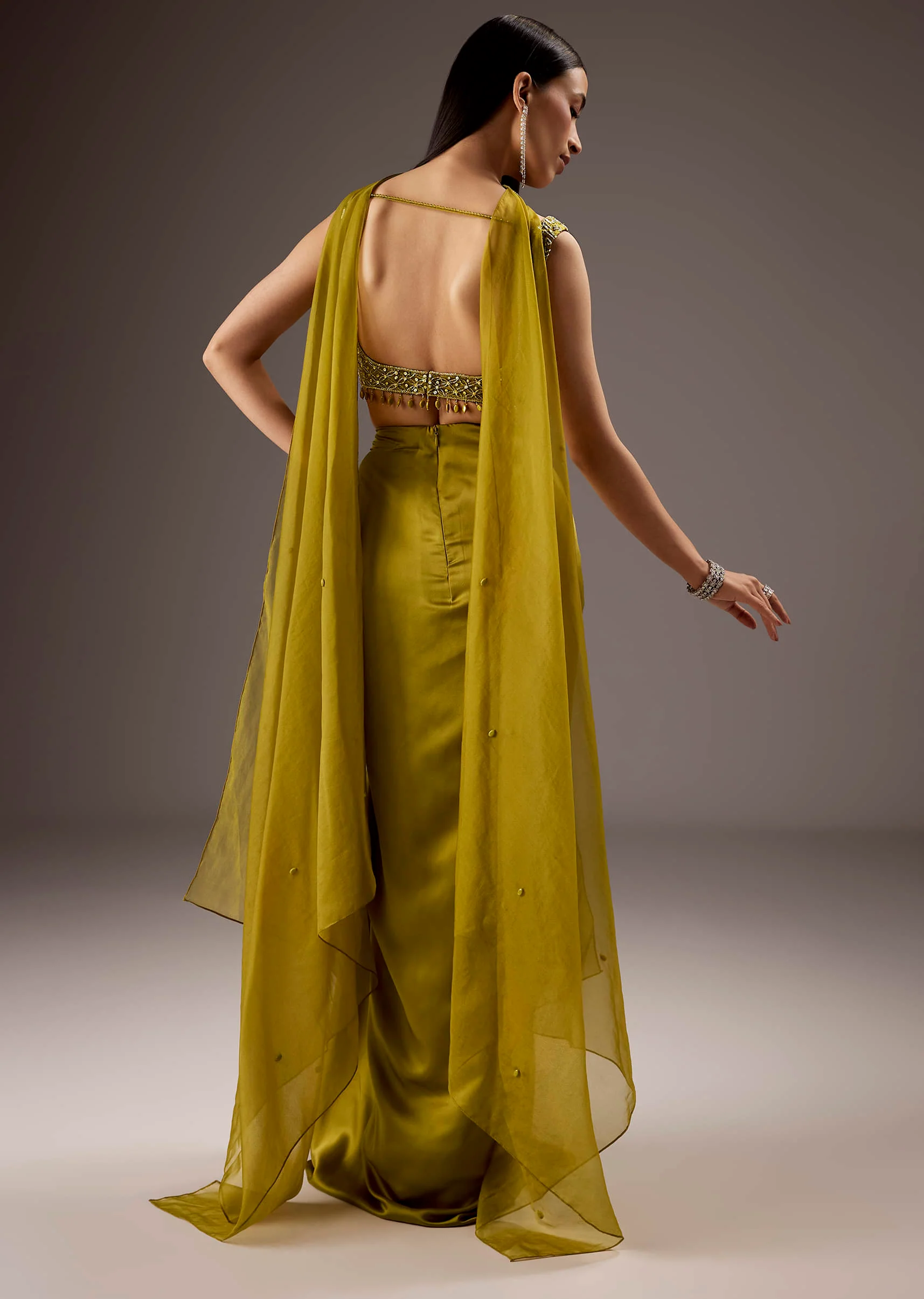 Olive Green Satin Crop Top Skirt With Heavy Embroidery - Image 2
