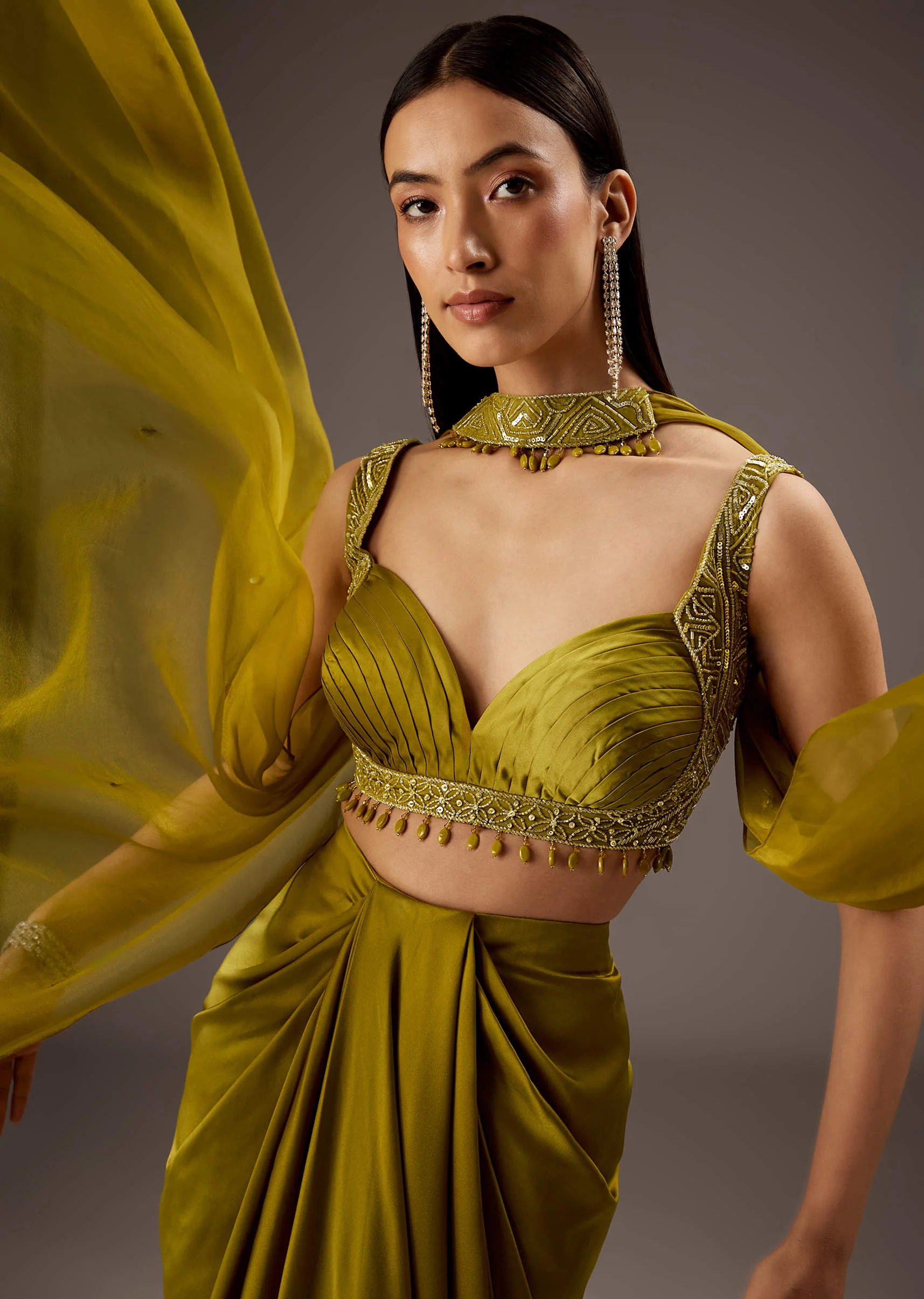 Olive Green Satin Crop Top Skirt With Heavy Embroidery - Image 3
