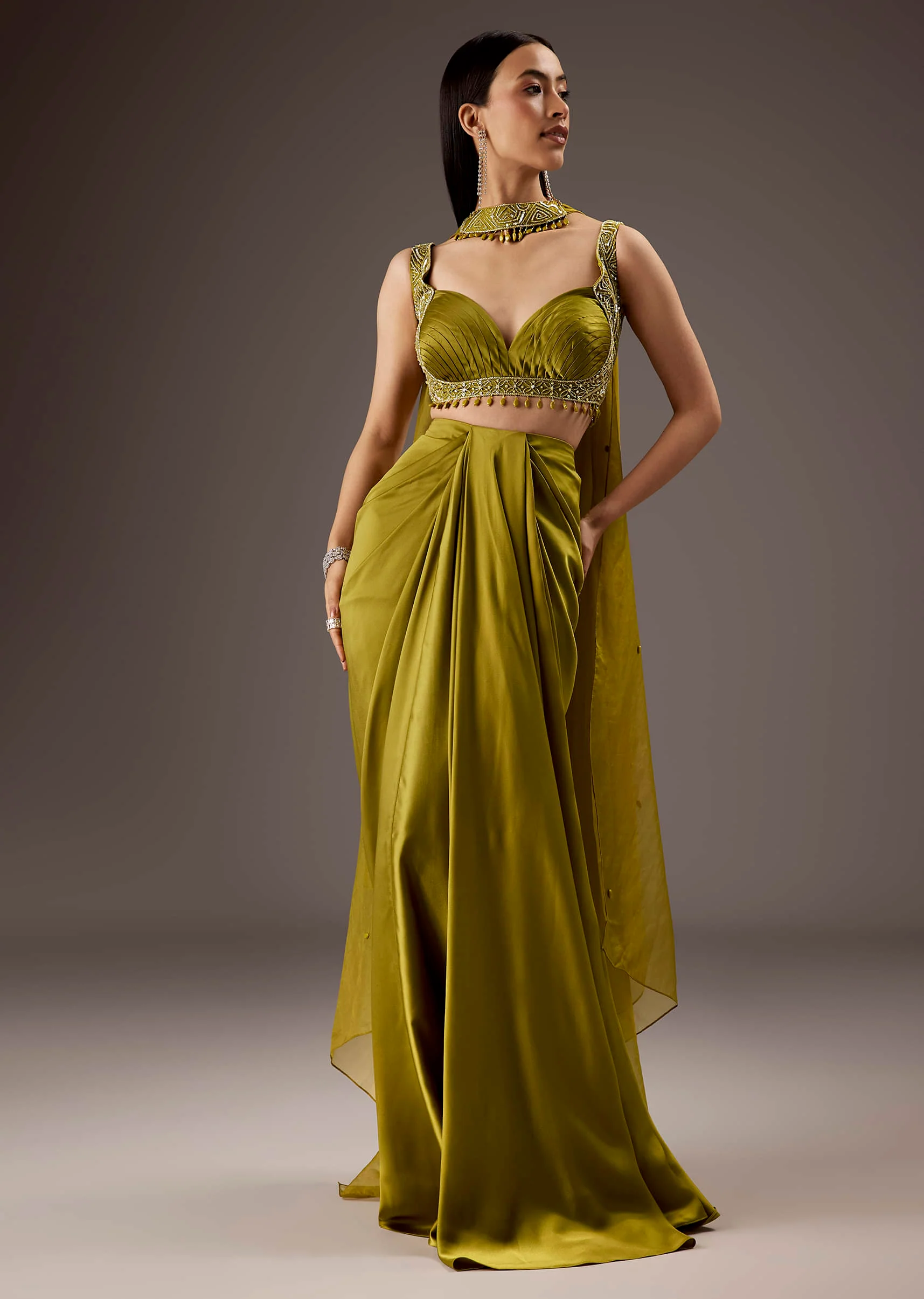 Olive Green Satin Crop Top Skirt With Heavy Embroidery - Image 4