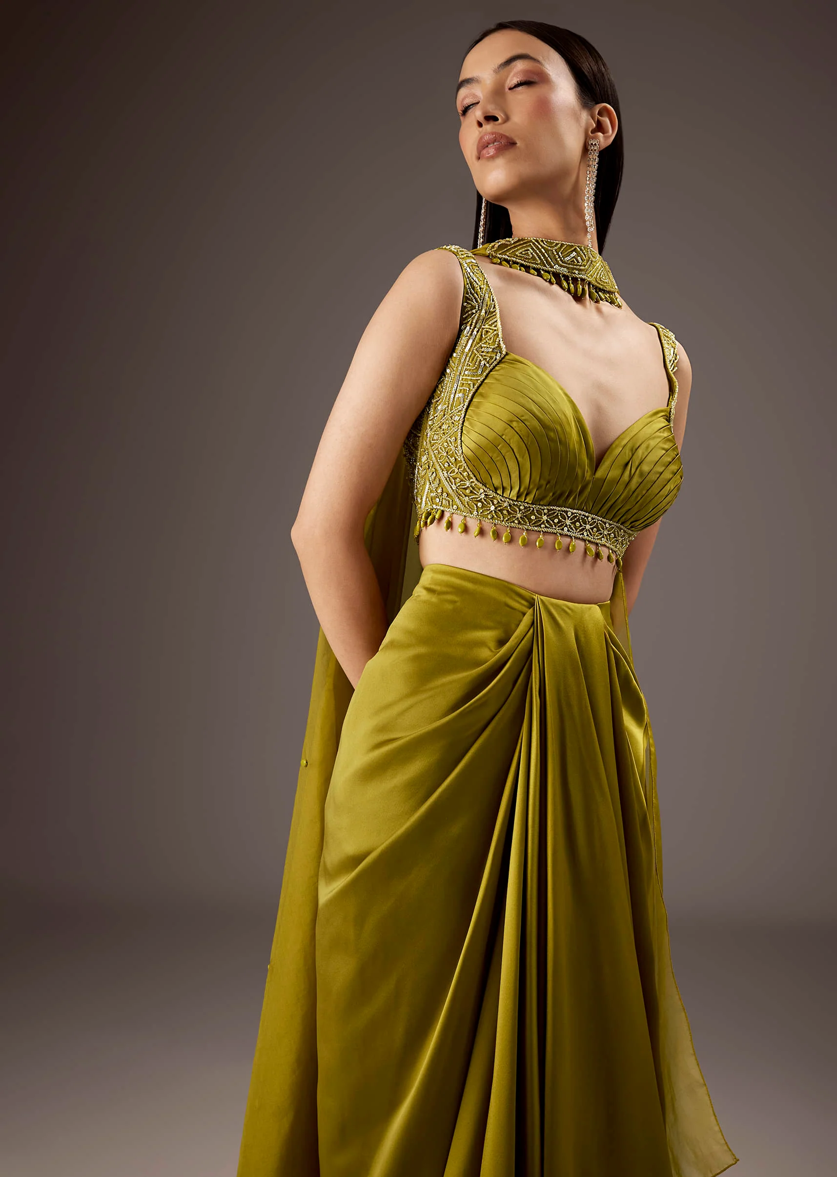 Olive Green Satin Crop Top Skirt With Heavy Embroidery - Image 5