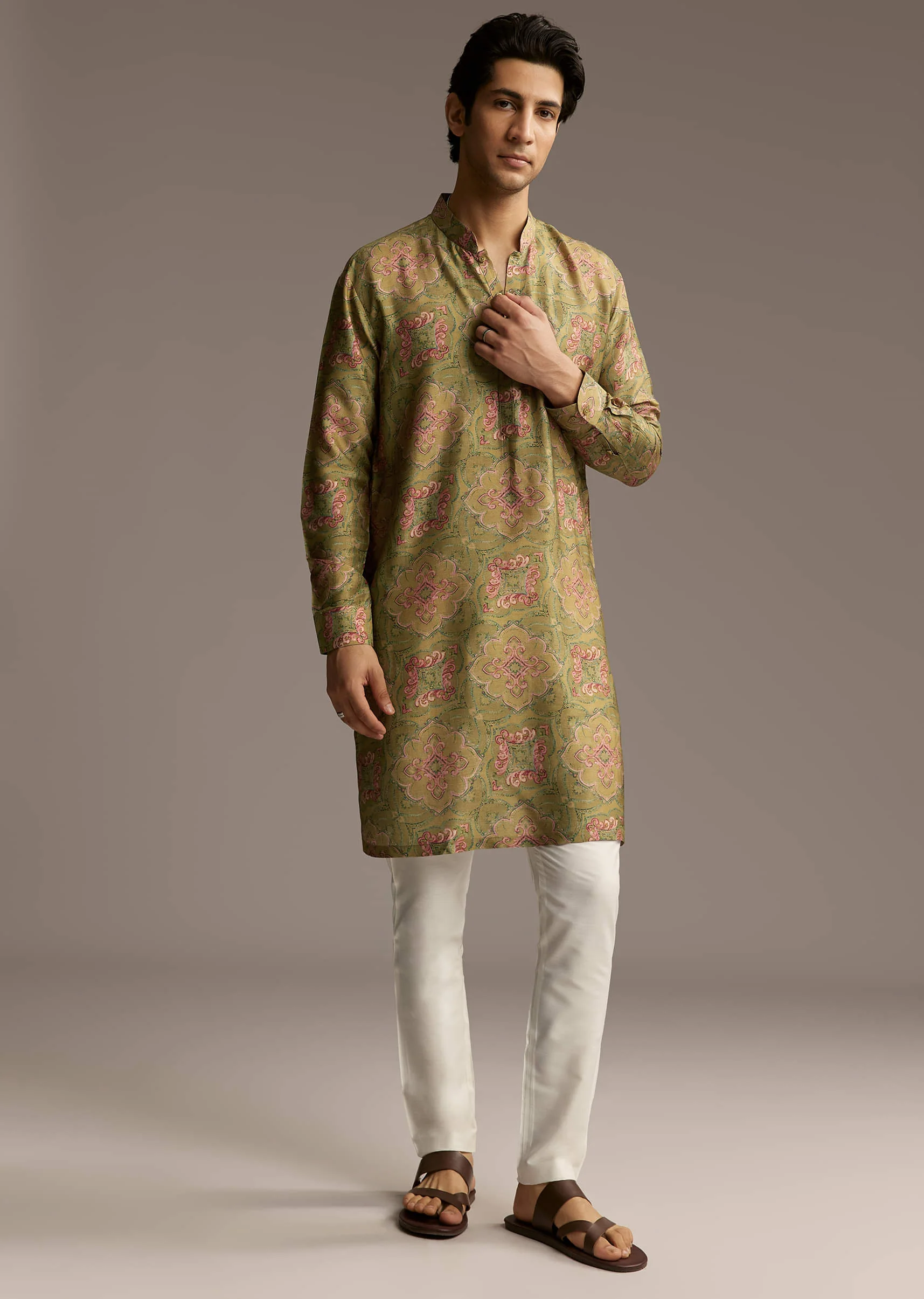 Olive Green Silk Designer Kurta For Men With Vintage Floral Motif Print - Image 3