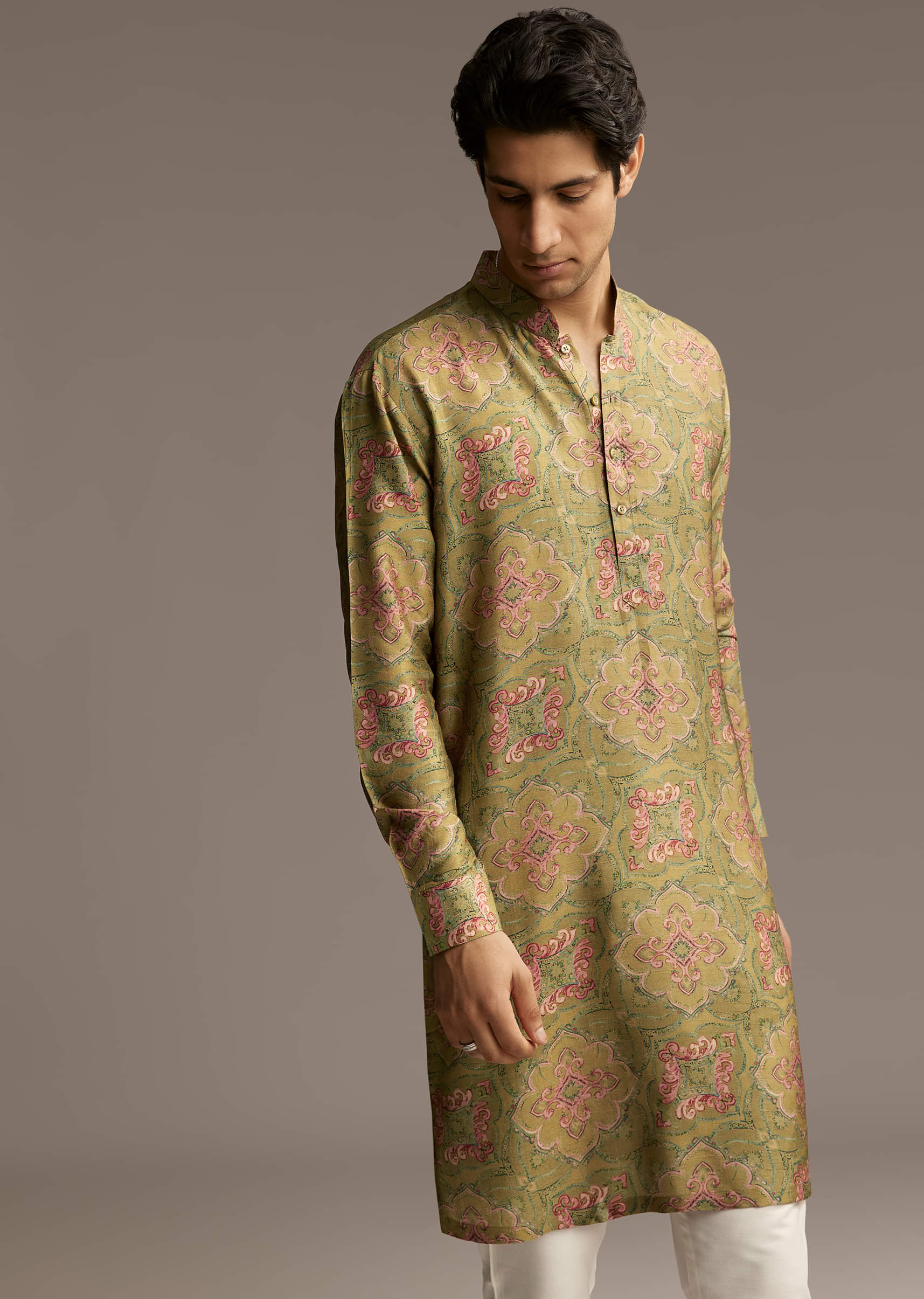 Olive Green Silk Designer Kurta For Men With Vintage Floral Motif Print - Image 4