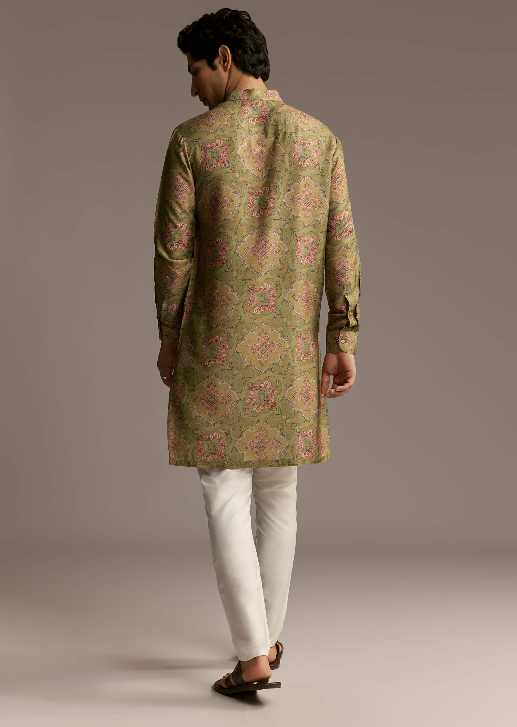 Olive Green Silk Designer Kurta For Men With Vintage Floral Motif Print - Image 5