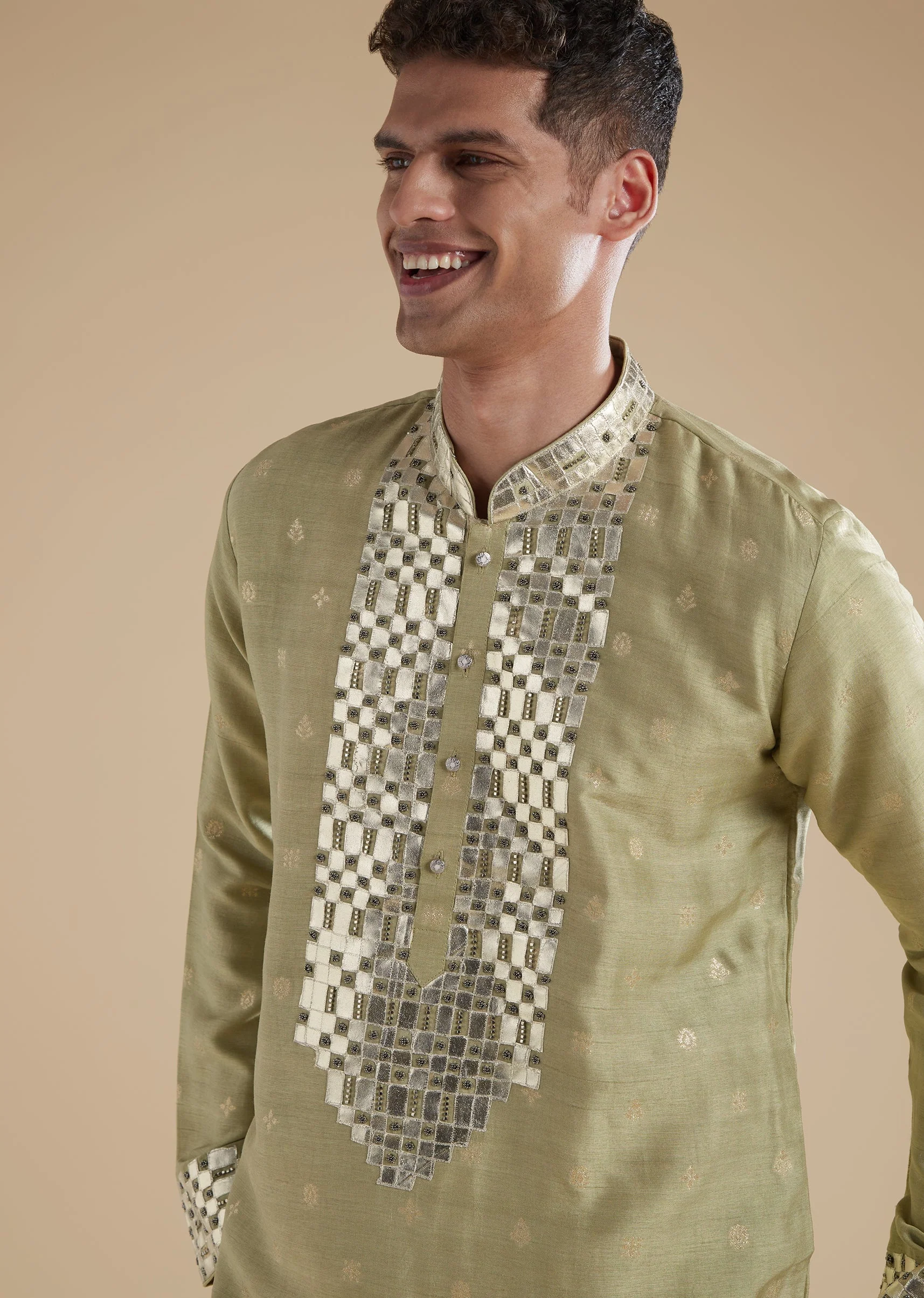 Olive Green Silk Kurta Set With Leather Metal Bead Work - Image 2