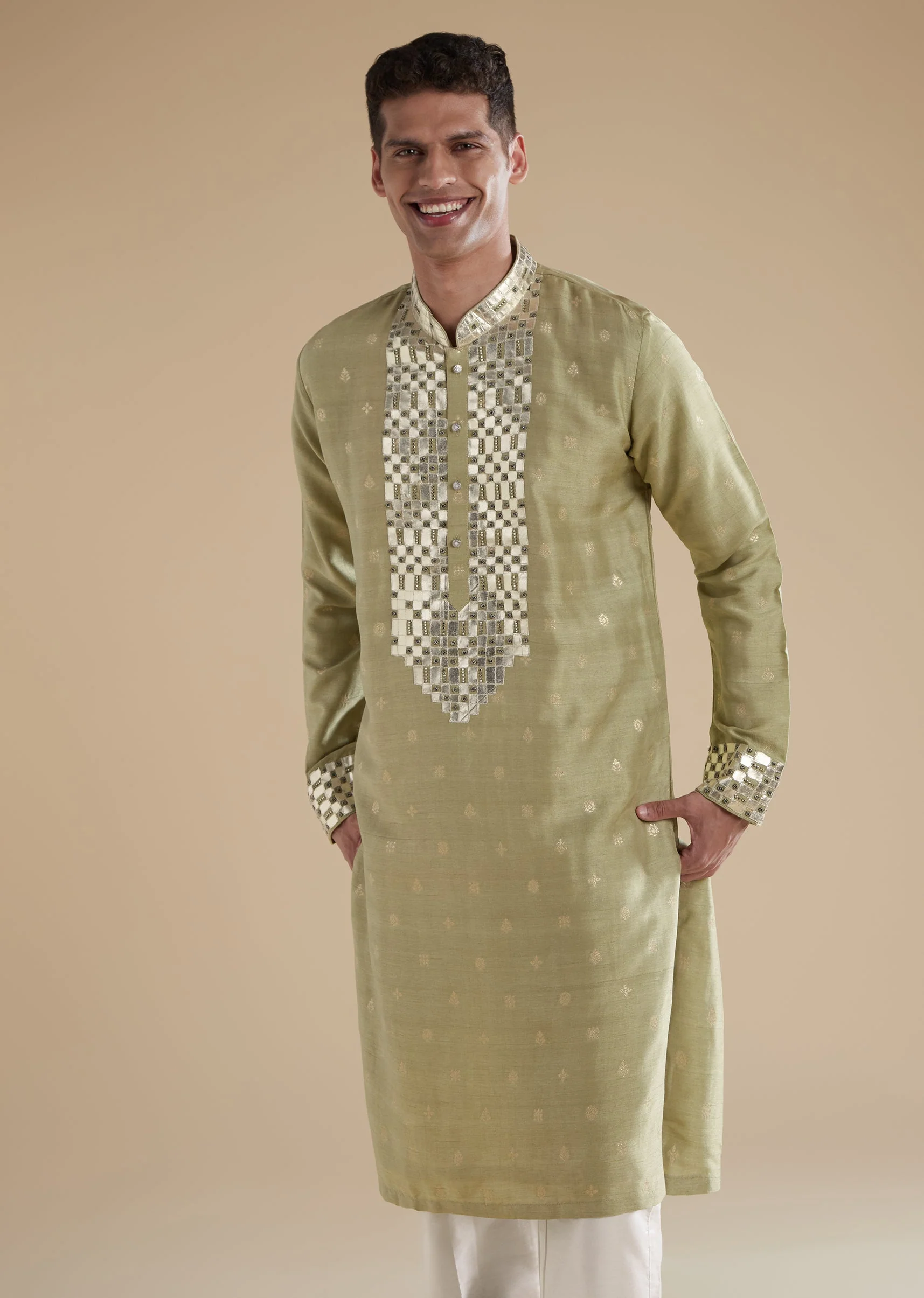 Olive Green Silk Kurta Set With Leather Metal Bead Work - Image 4