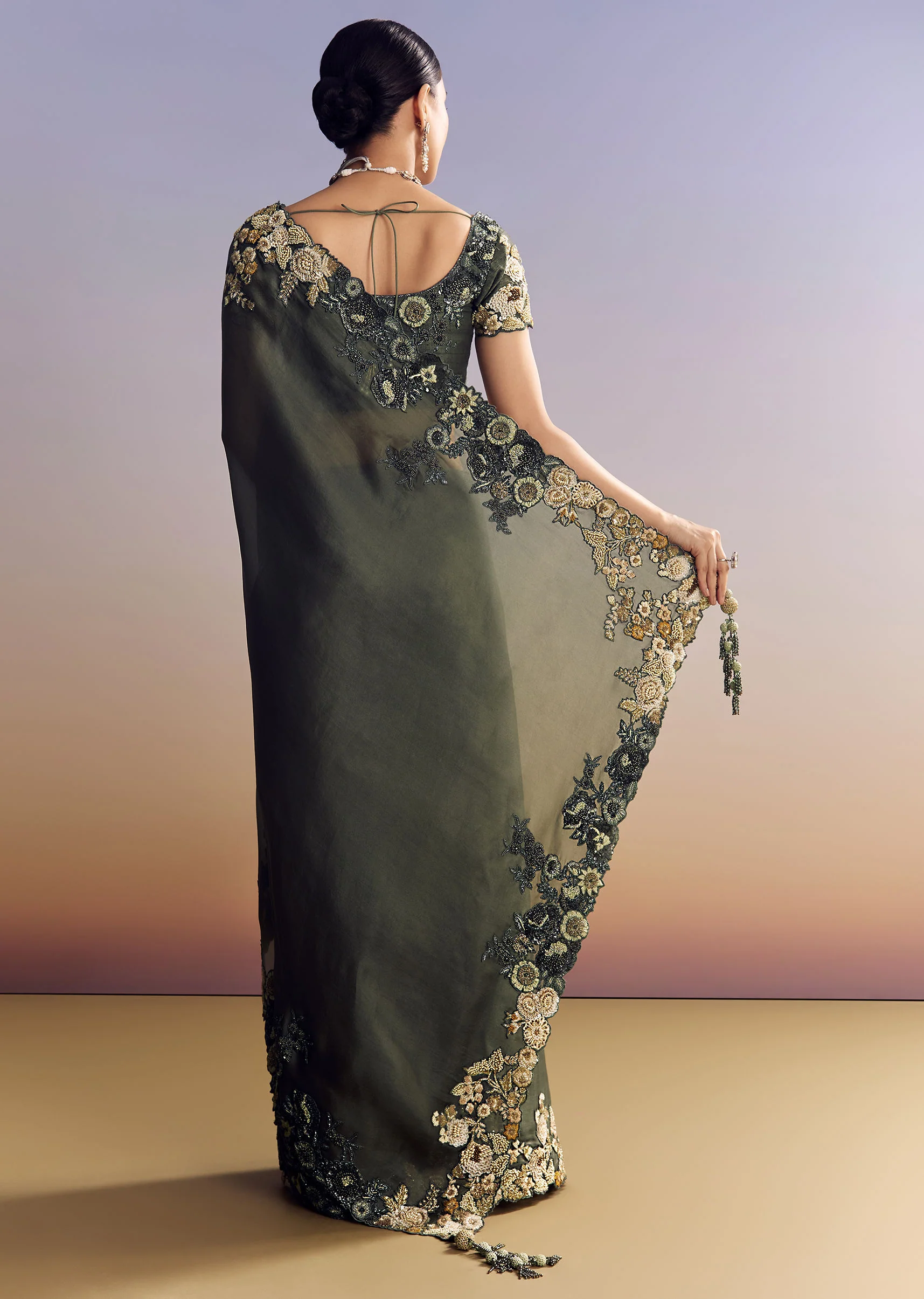Olive Green Tissue Saree With Cutwork Border And Heavy Embroidery - Image 4