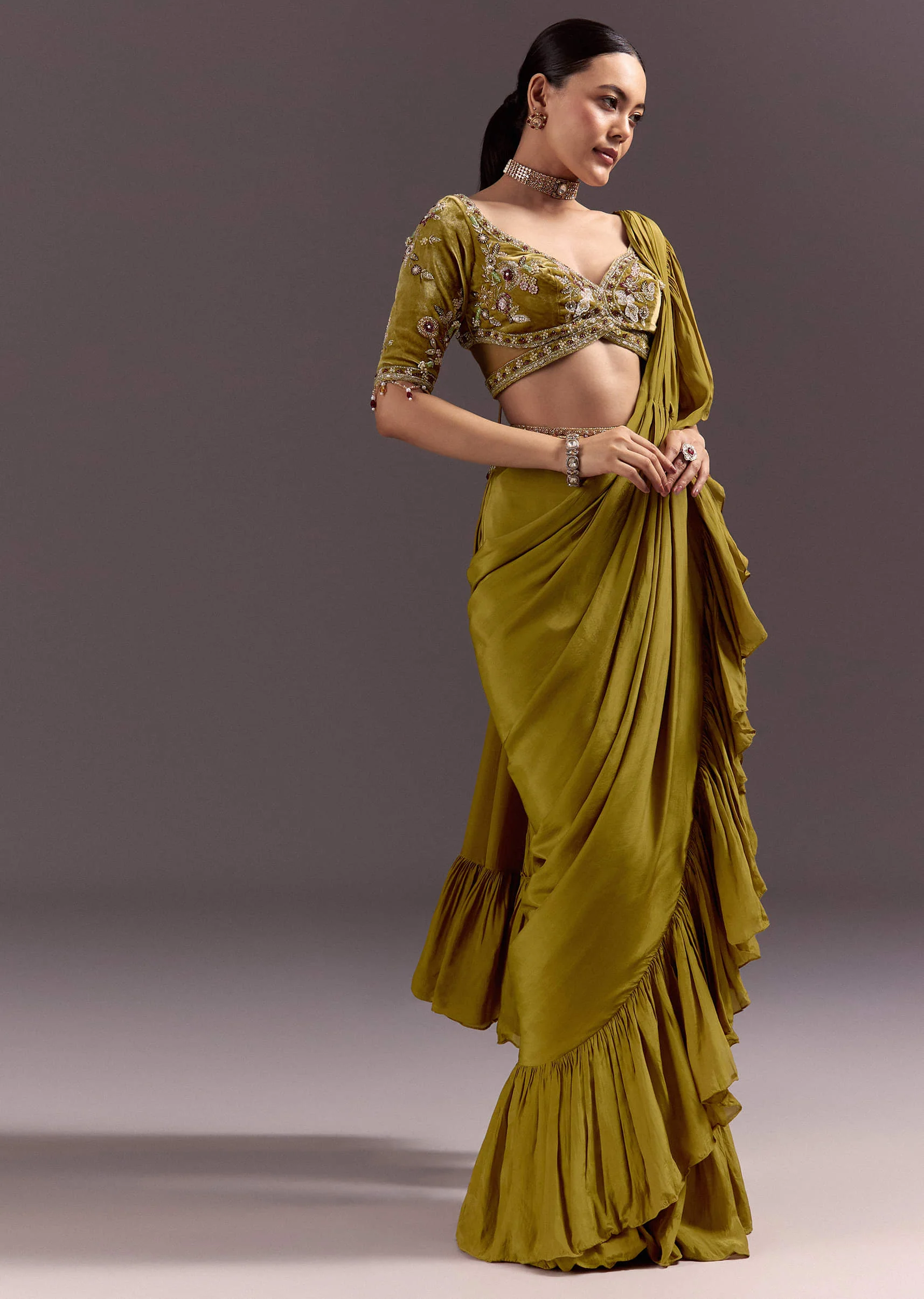 Olive Green Velvet Saree With Frilled Pallu And Heavy Embroidered Blouse - Image 3