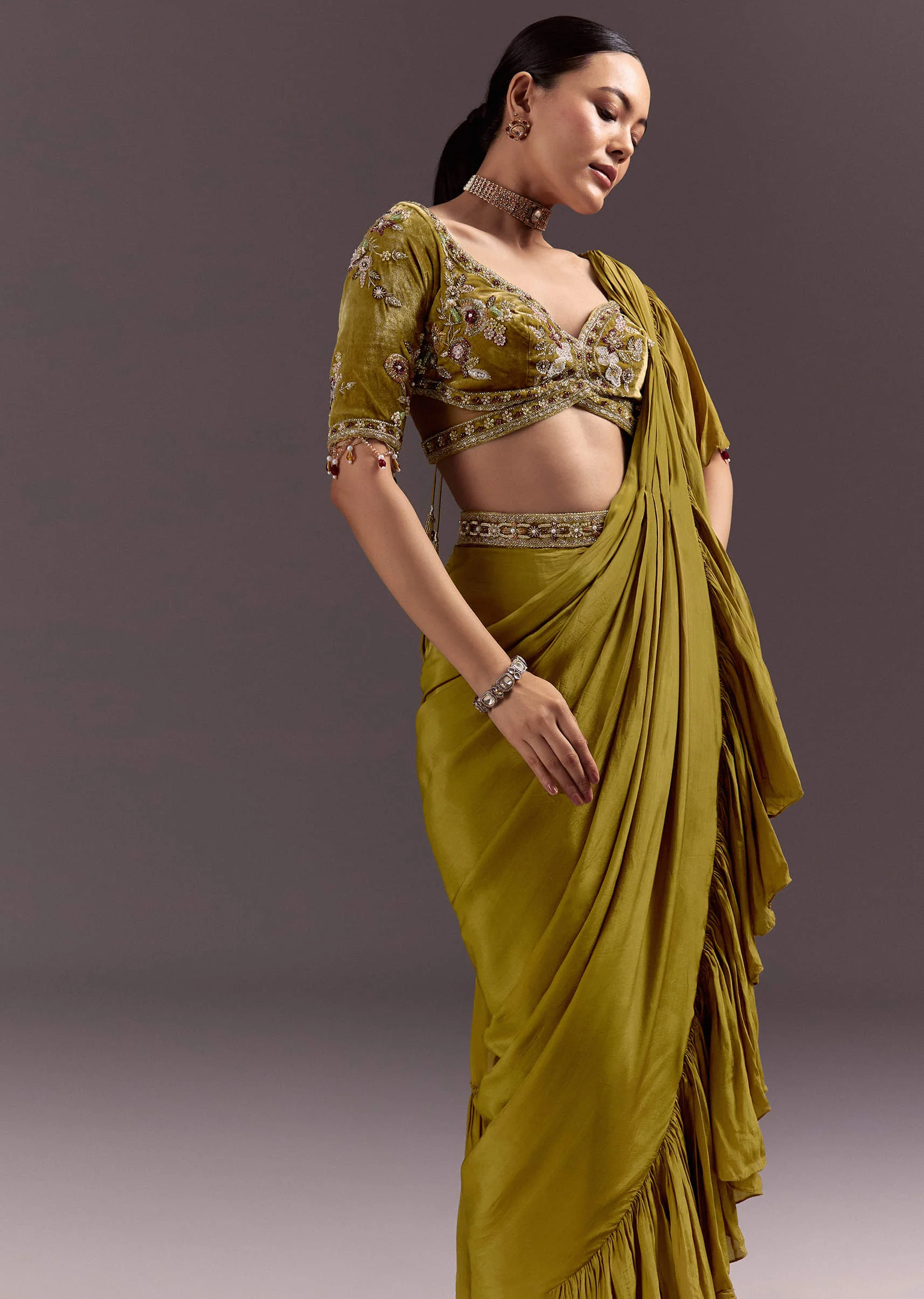 Olive Green Velvet Saree With Frilled Pallu And Heavy Embroidered Blouse - Image 4