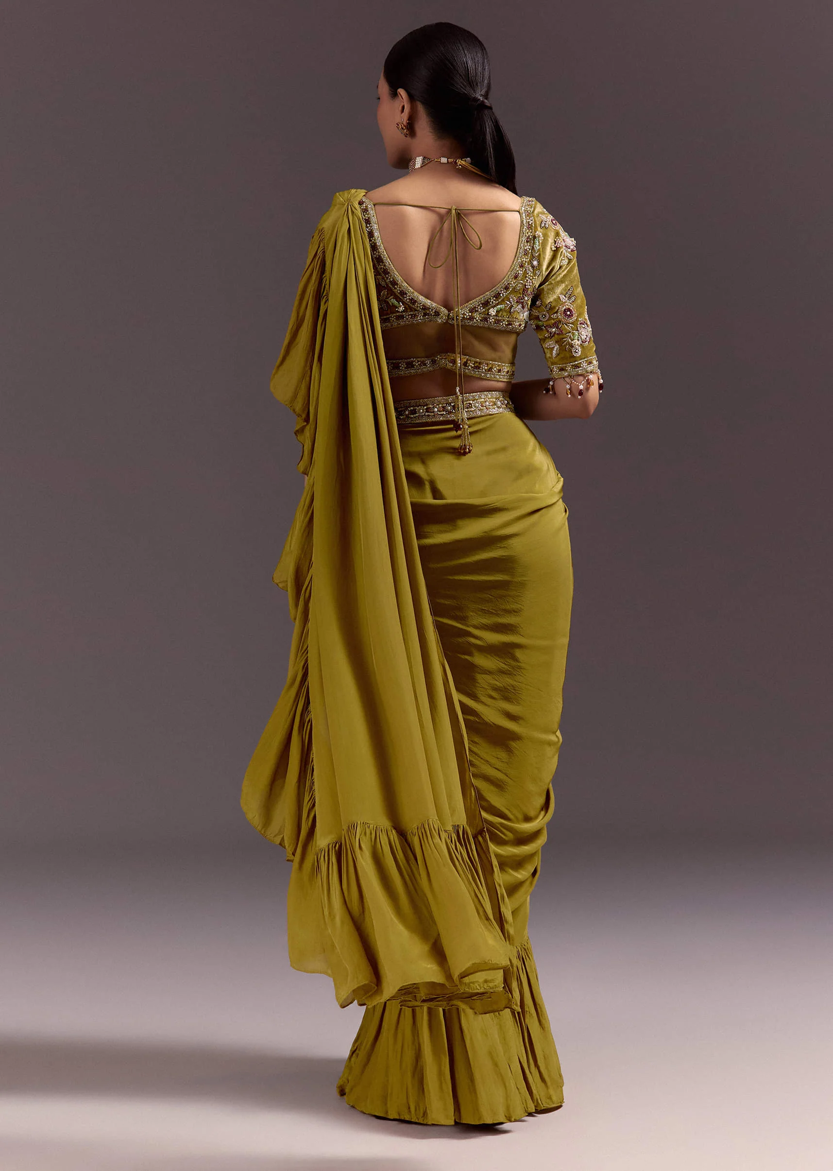 Olive Green Velvet Saree With Frilled Pallu And Heavy Embroidered Blouse - Image 5